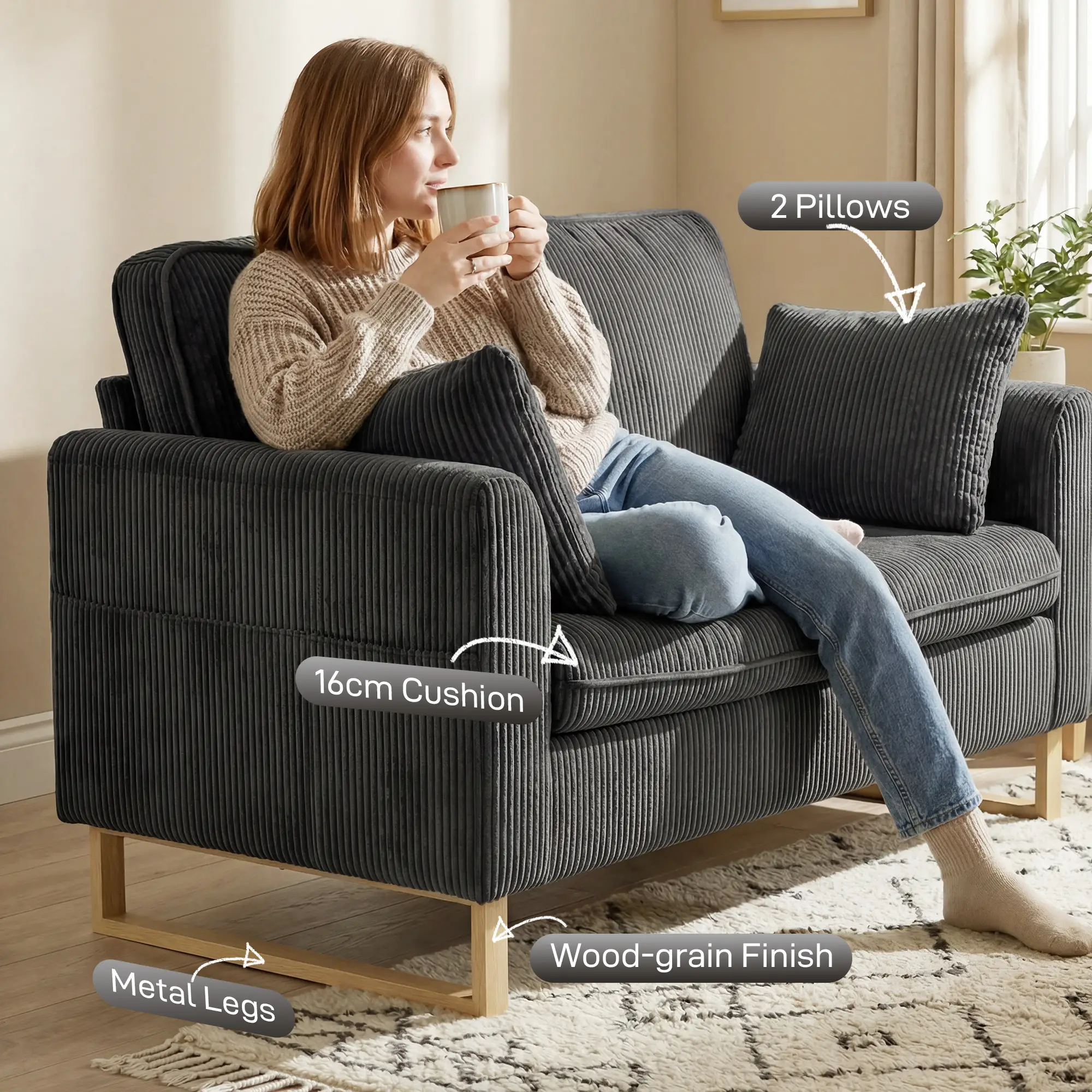 2 Seater Corduroy Sofa 139.5 x 75 x 88cm - Dark Grey - 5
