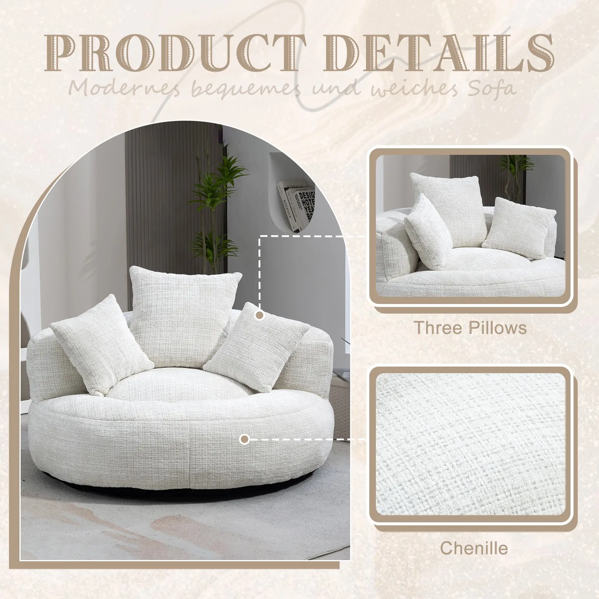 Chenille Armchair 108 x 108 x 52cm - Beige - 6