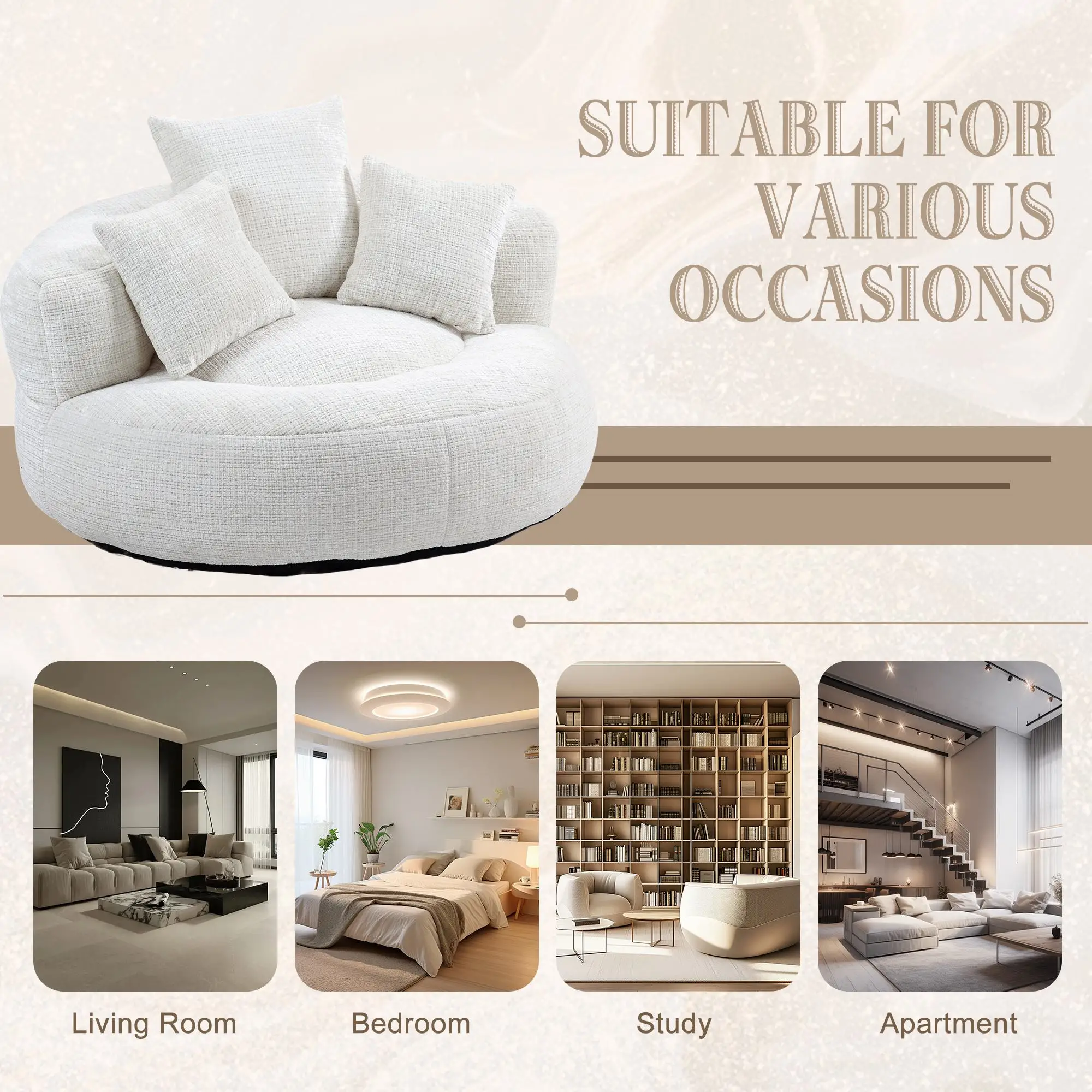 Chenille Armchair 108 x 108 x 52cm - Beige - 8
