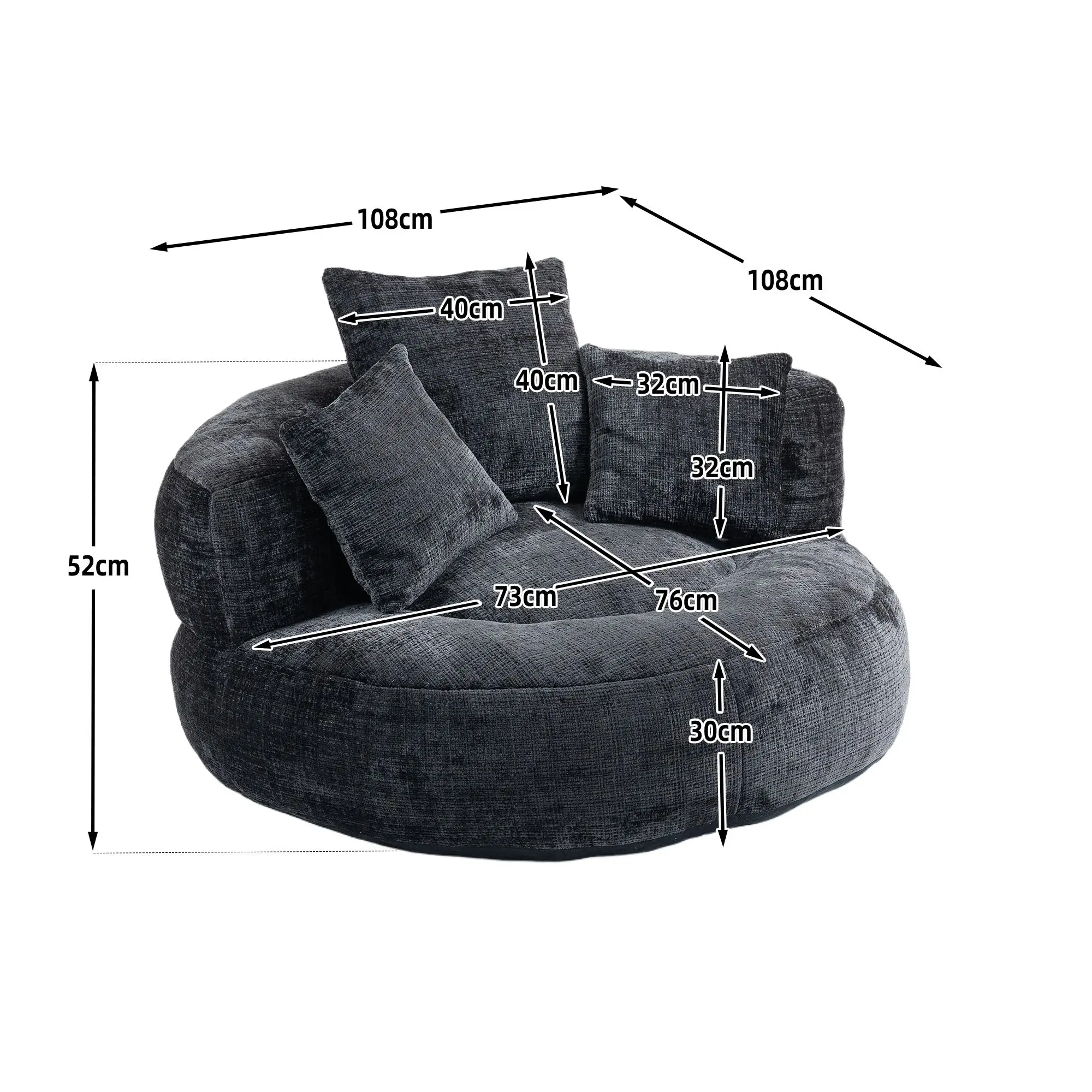 Chenille Armchair 108 x 108 x 52cm - Black - 3