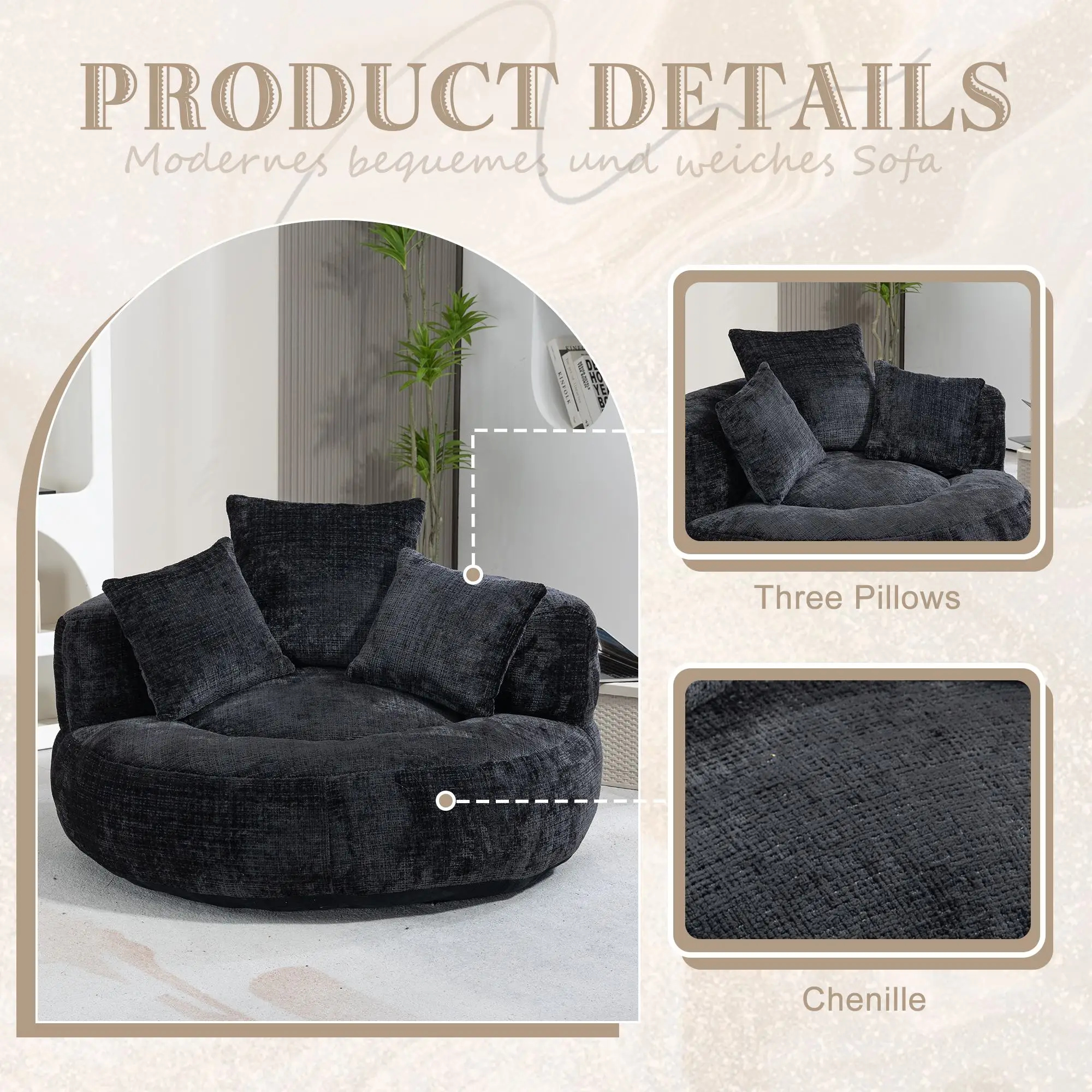 Chenille Armchair 108 x 108 x 52cm - Black - 6
