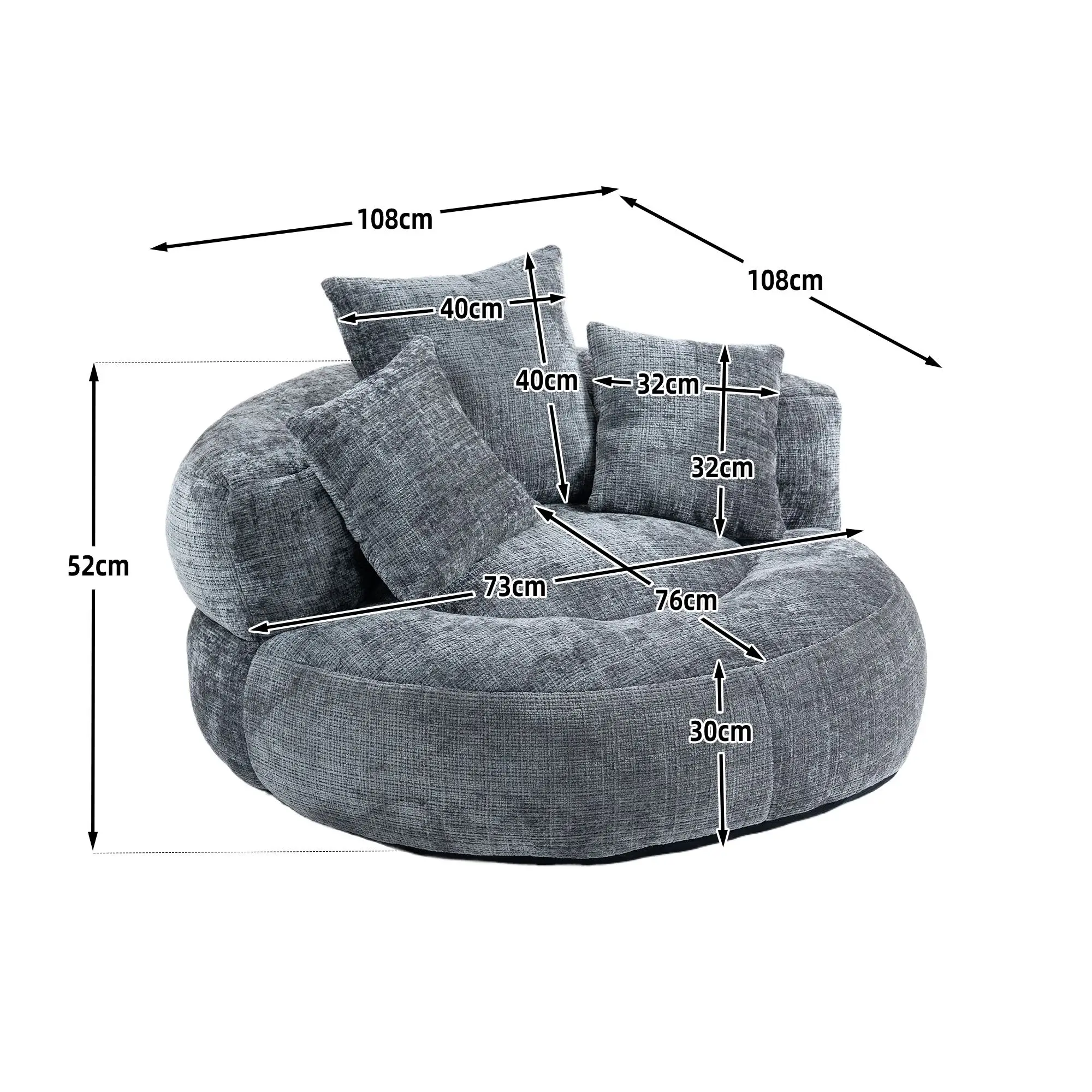 Chenille Armchair 108 x 108 x 52cm - Grey - 3