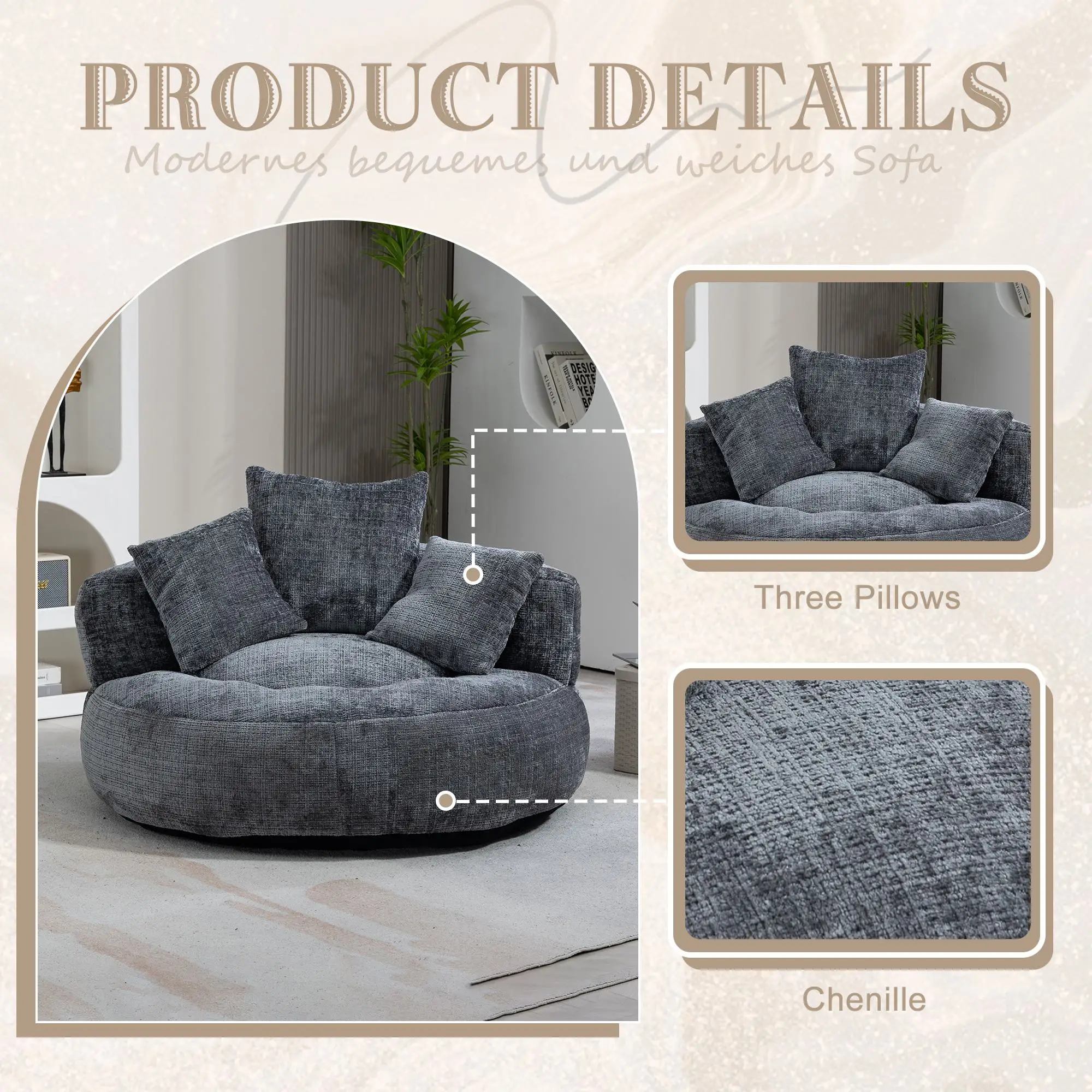 Chenille Armchair 108 x 108 x 52cm - Grey - 6