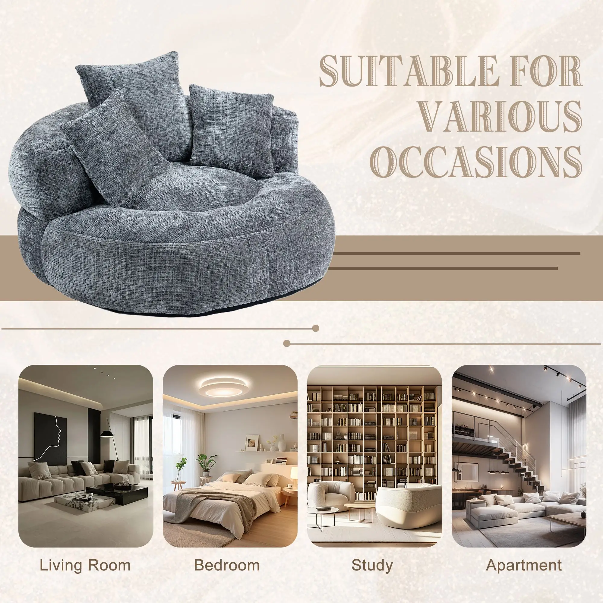 Chenille Armchair 108 x 108 x 52cm - Grey - 8