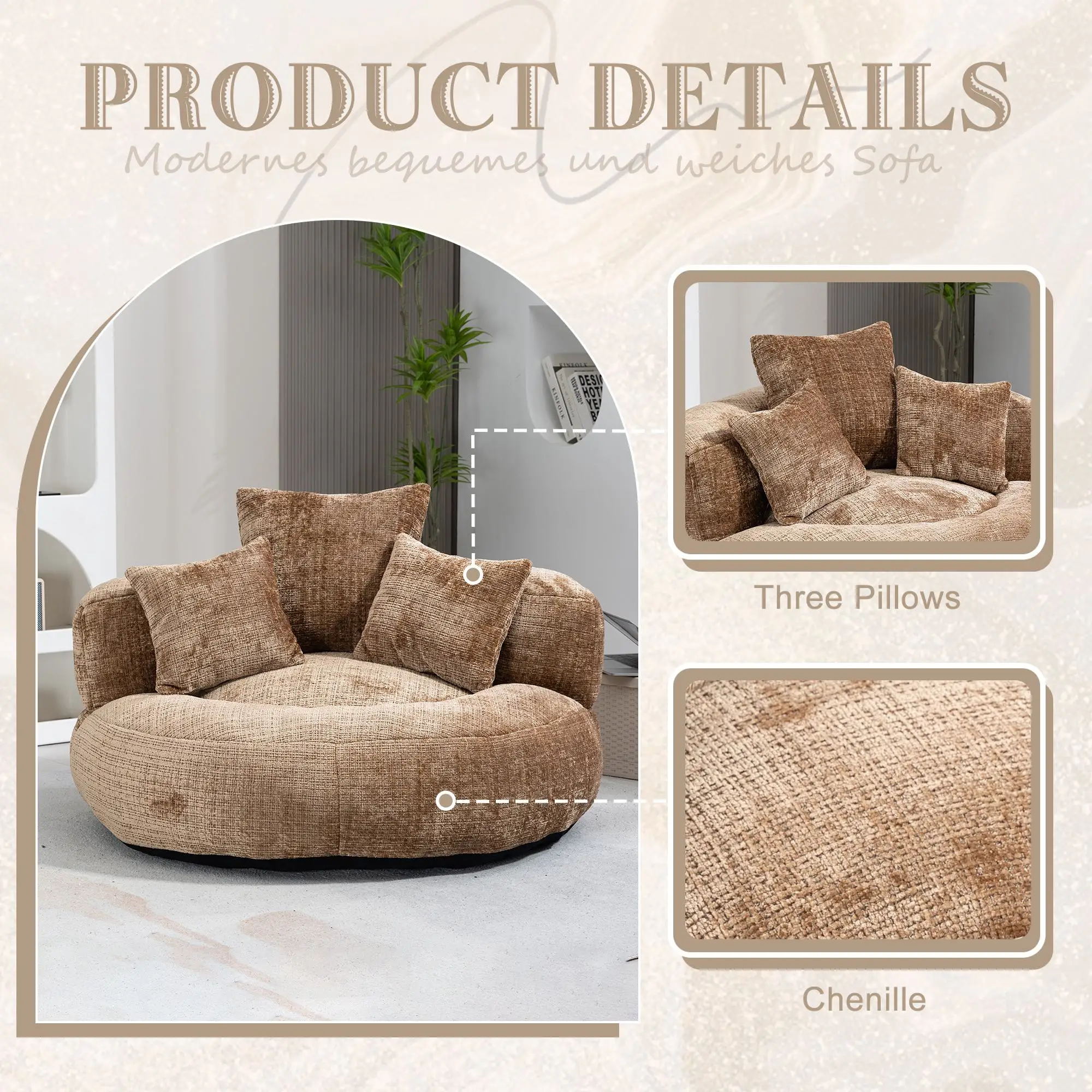 Chenille Armchair 108 x 108 x 52cm - Brown - 6