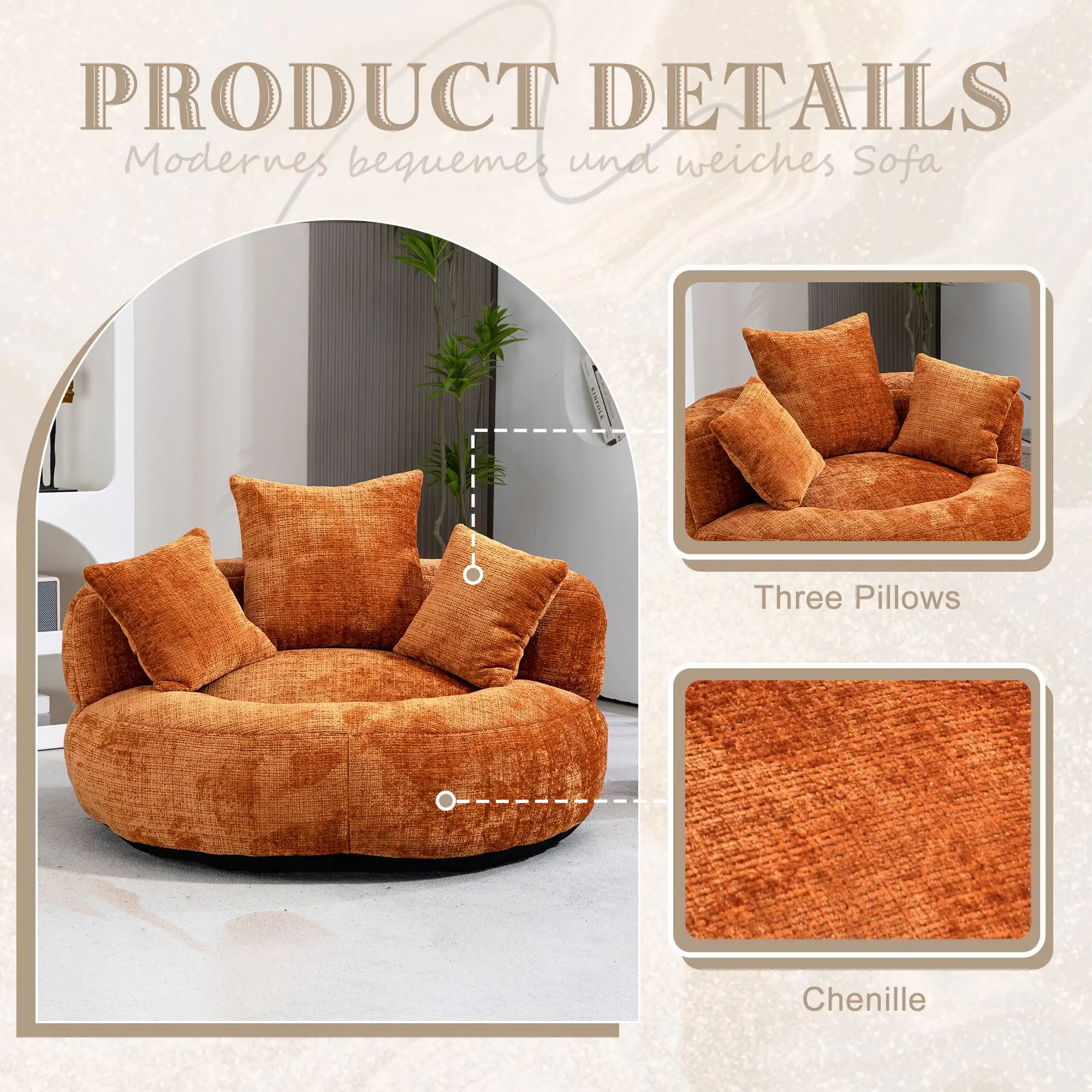 Chenille Armchair 108 x 108 x 52cm - Orange - 6