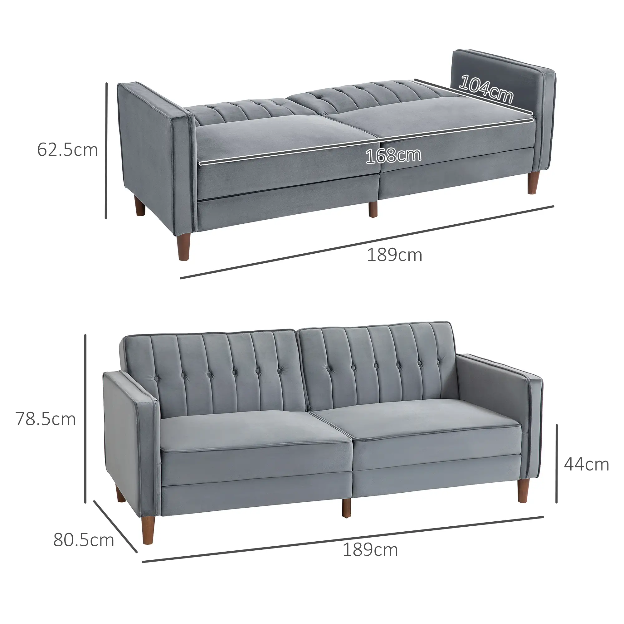 Velvet Sofa Bed 189 x 80.5 x 78.5cm - Dark Grey - 3