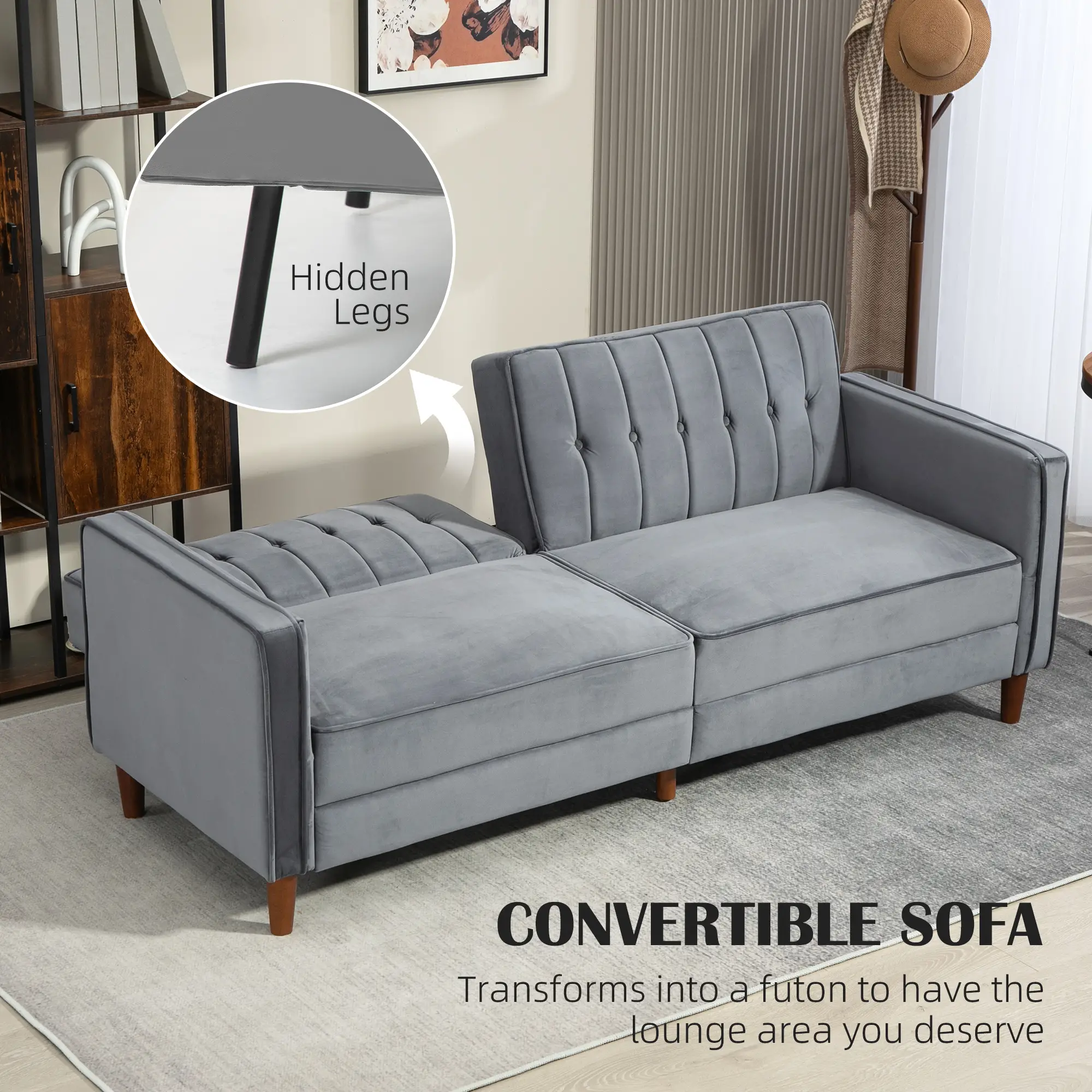Velvet Sofa Bed 189 x 80.5 x 78.5cm - Dark Grey - 4
