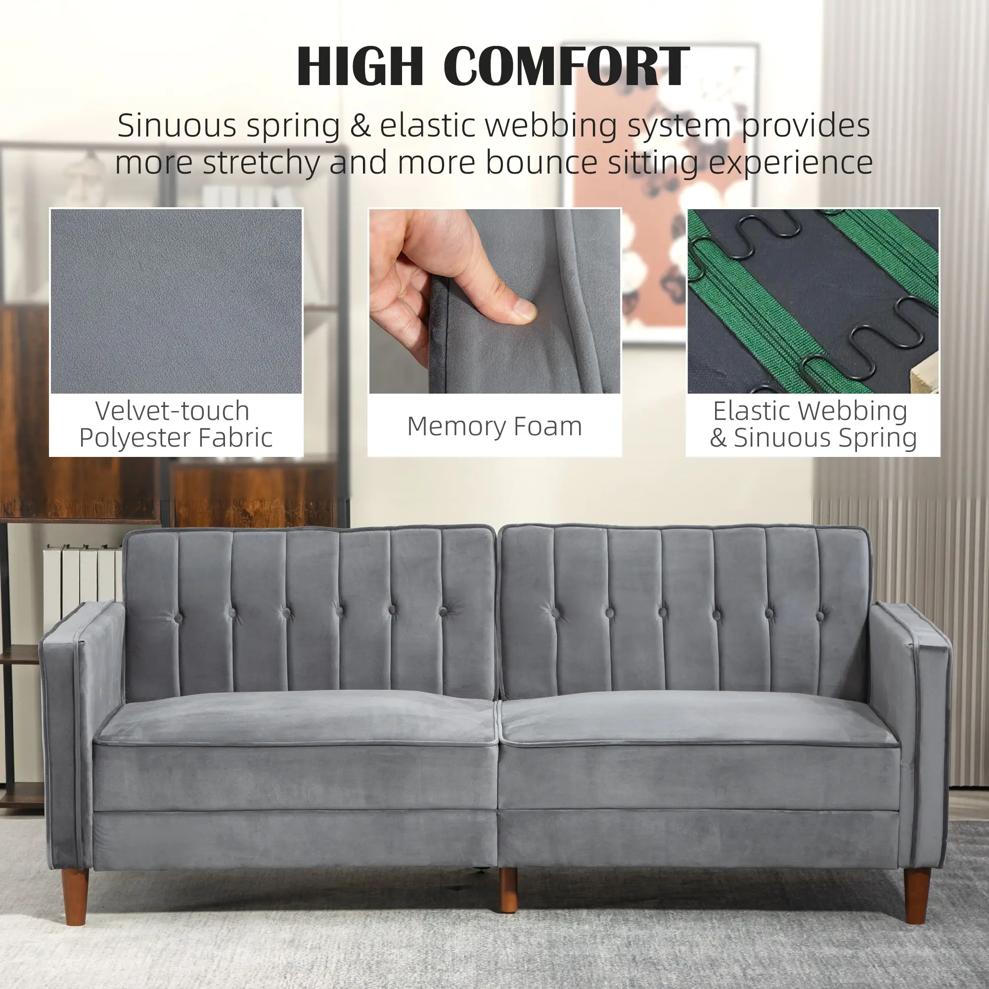 Velvet Sofa Bed 189 x 80.5 x 78.5cm - Dark Grey - 6