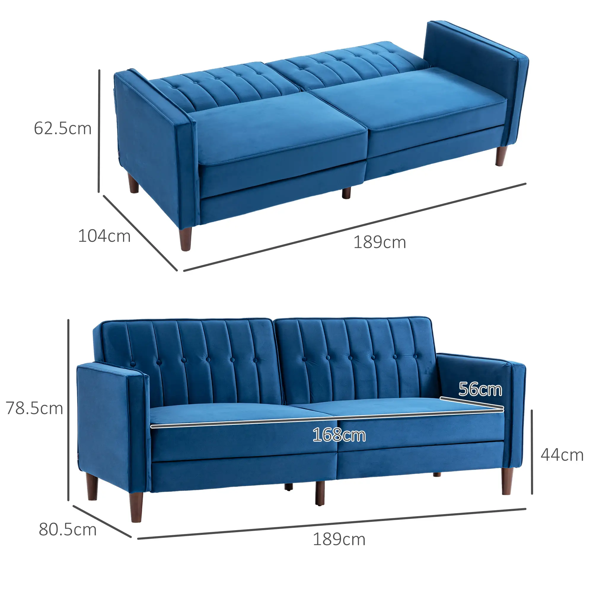 Velvet Sofa Bed 189 x 80.5 x 78.5cm - Blue - 3