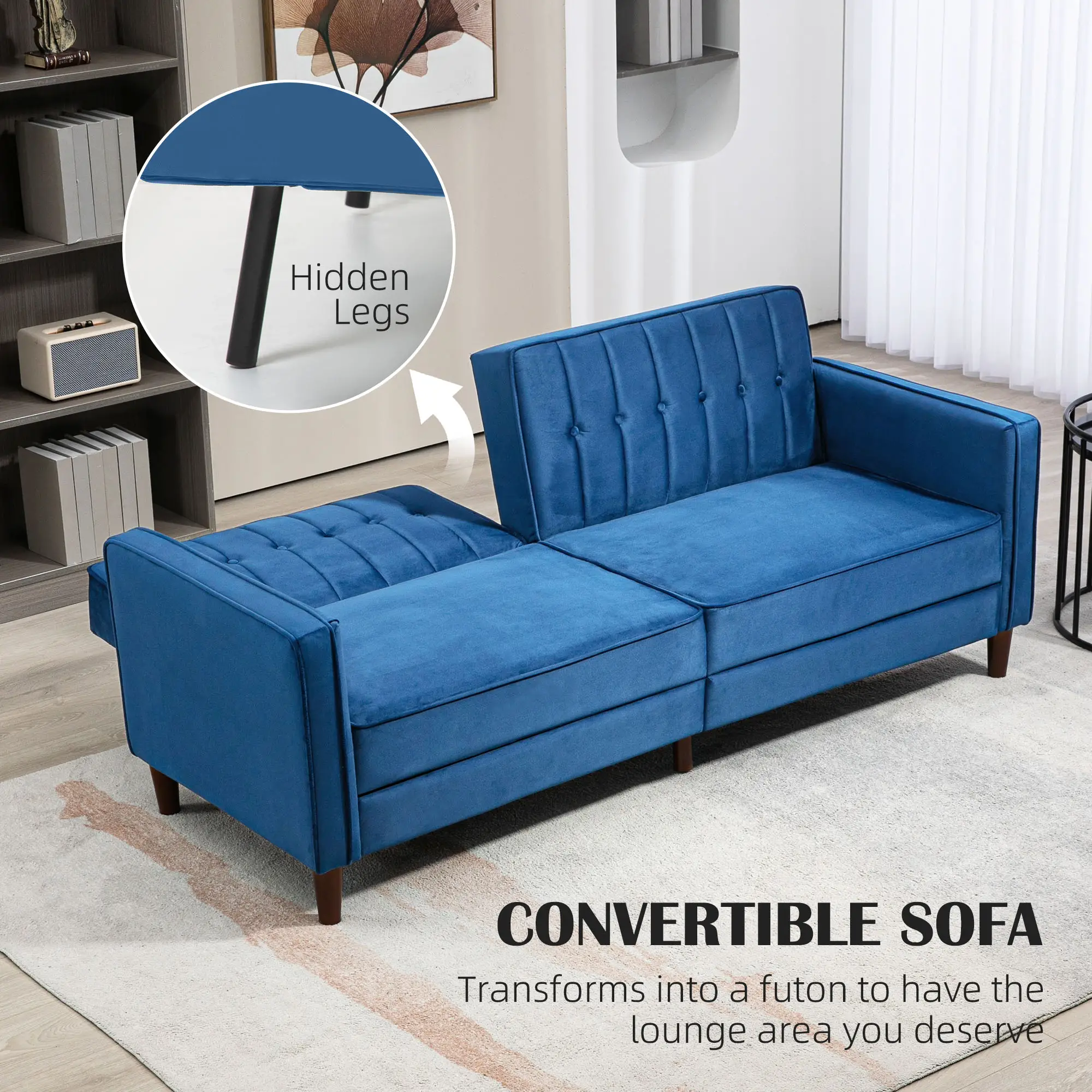 Velvet Sofa Bed 189 x 80.5 x 78.5cm - Blue - 4