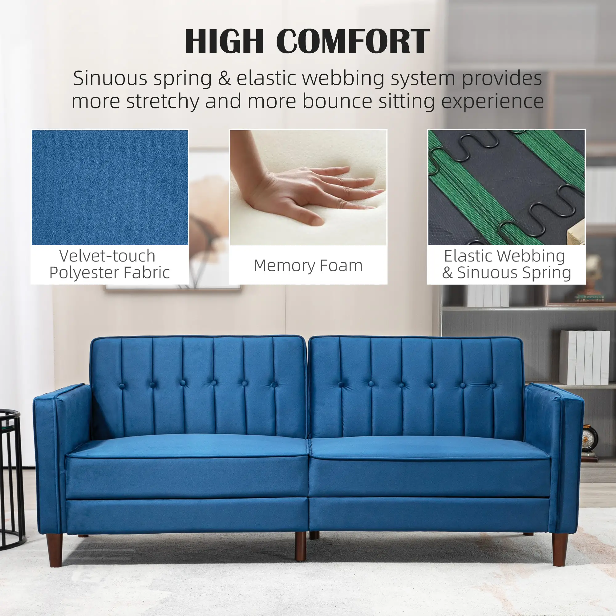 Velvet Sofa Bed 189 x 80.5 x 78.5cm - Blue - 6