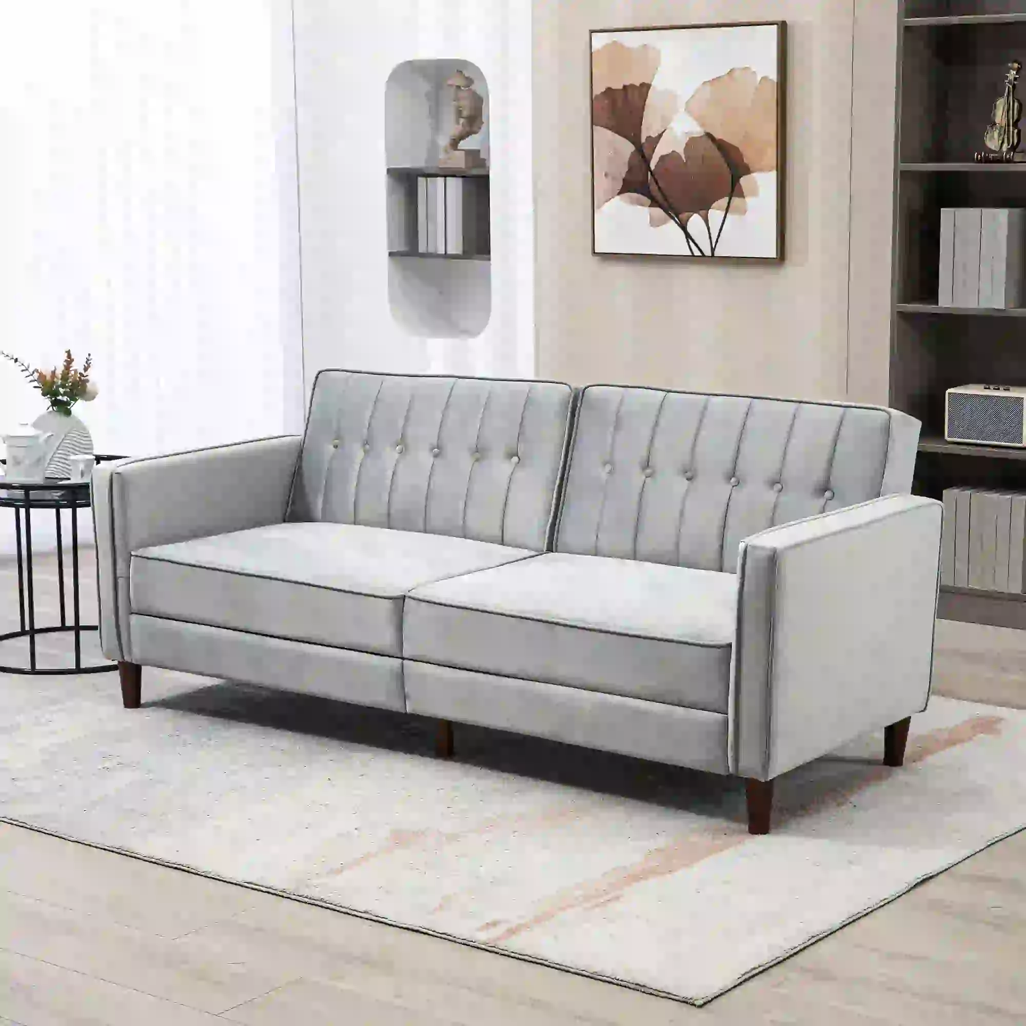 Velvet Sofa Bed 189 x 80.5 x 78.5cm - Light Grey - 2
