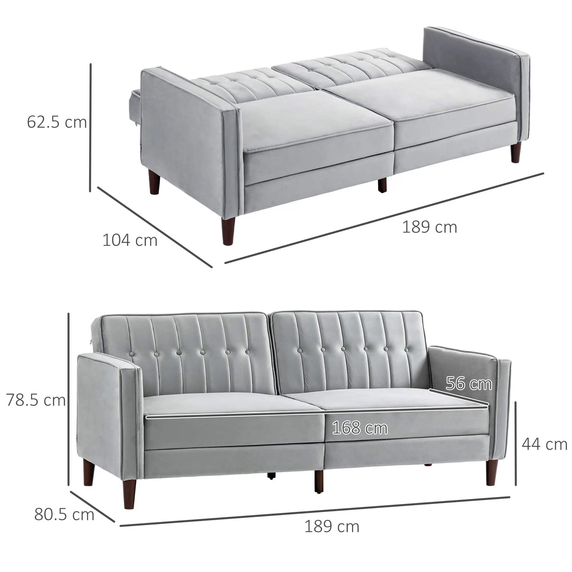 Velvet Sofa Bed 189 x 80.5 x 78.5cm - Light Grey - 3