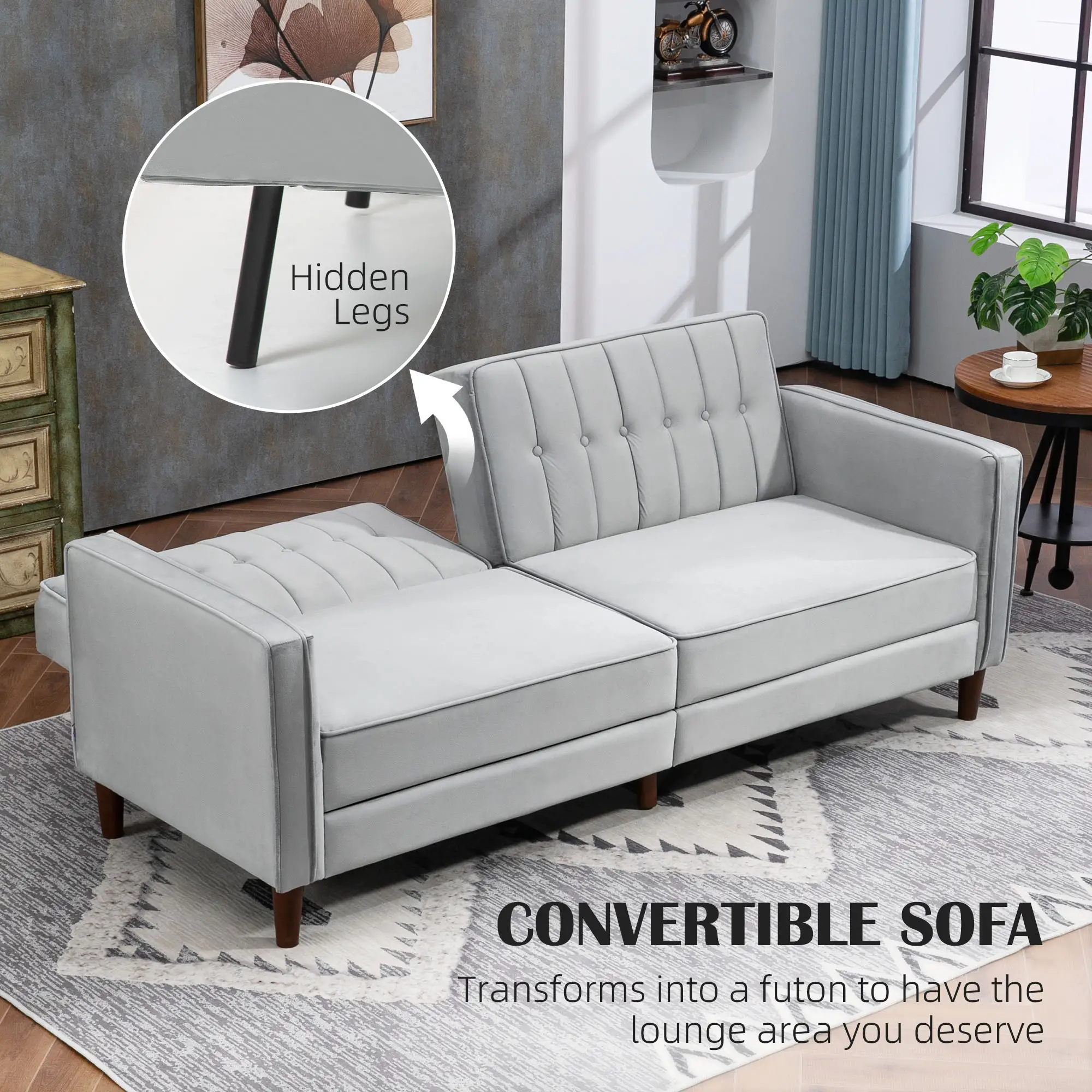 Velvet Sofa Bed 189 x 80.5 x 78.5cm - Light Grey - 4