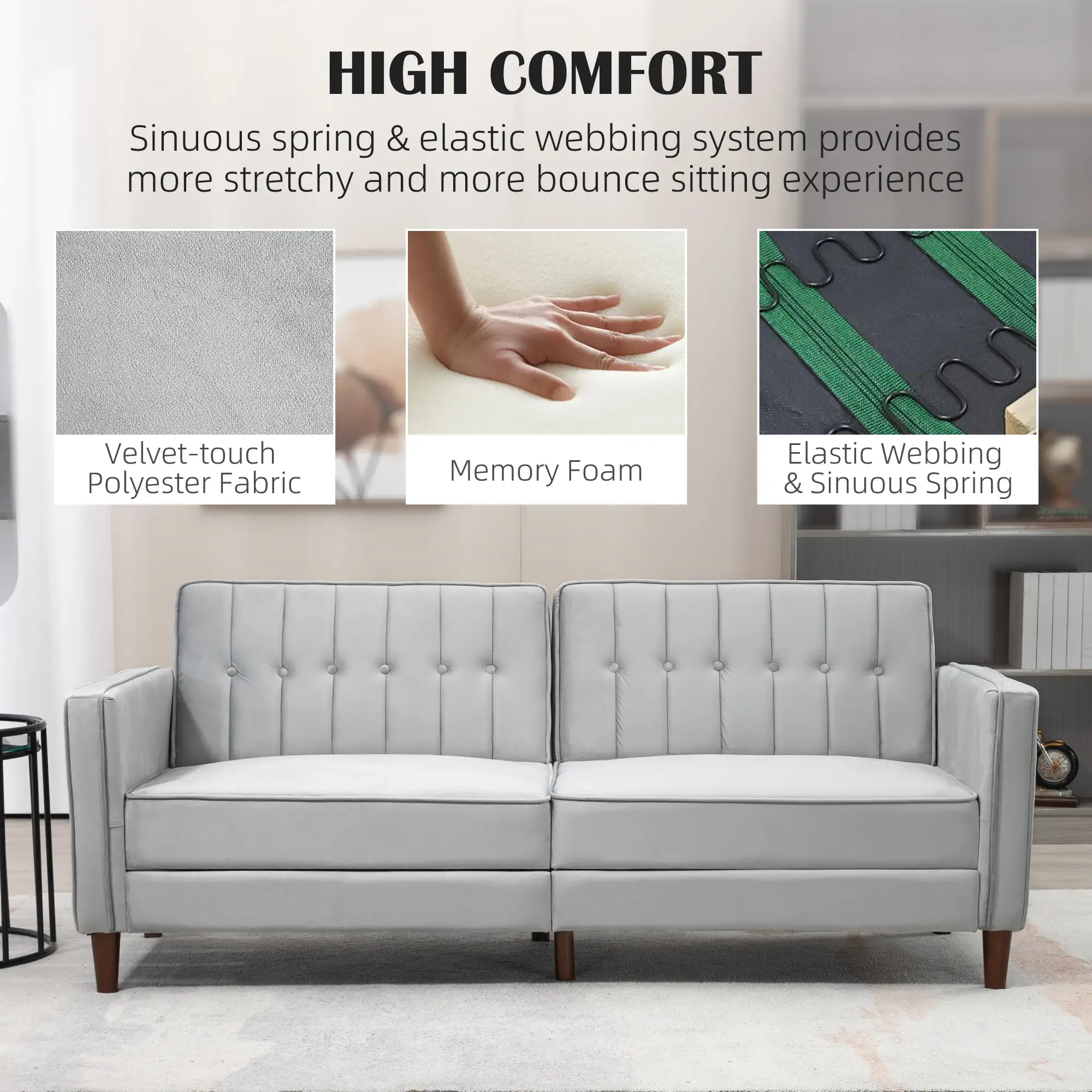 Velvet Sofa Bed 189 x 80.5 x 78.5cm - Light Grey - 6