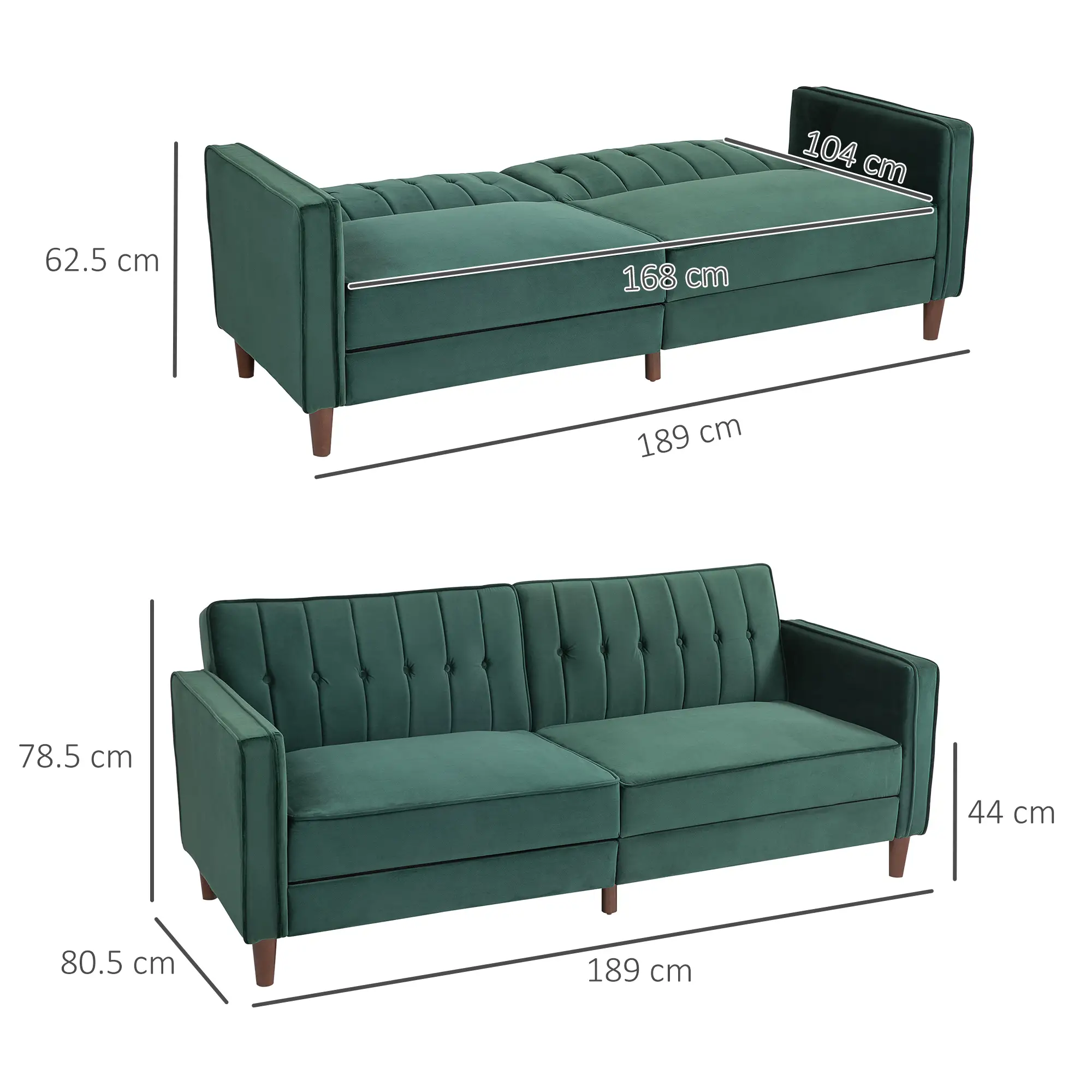 Velvet Sofa Bed 189 x 80.5 x 78.5cm - Green - 3