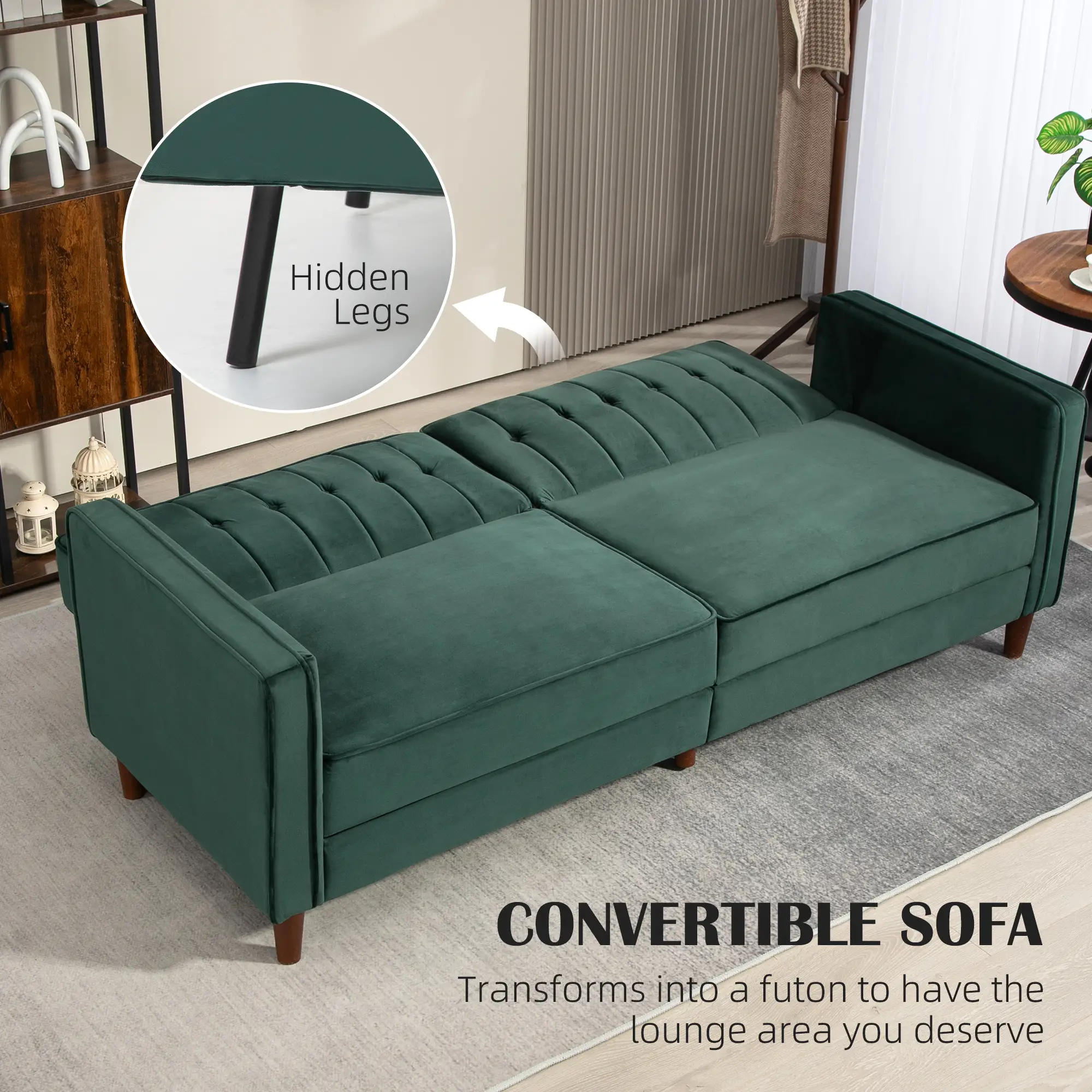 Velvet Sofa Bed 189 x 80.5 x 78.5cm - Green - 4