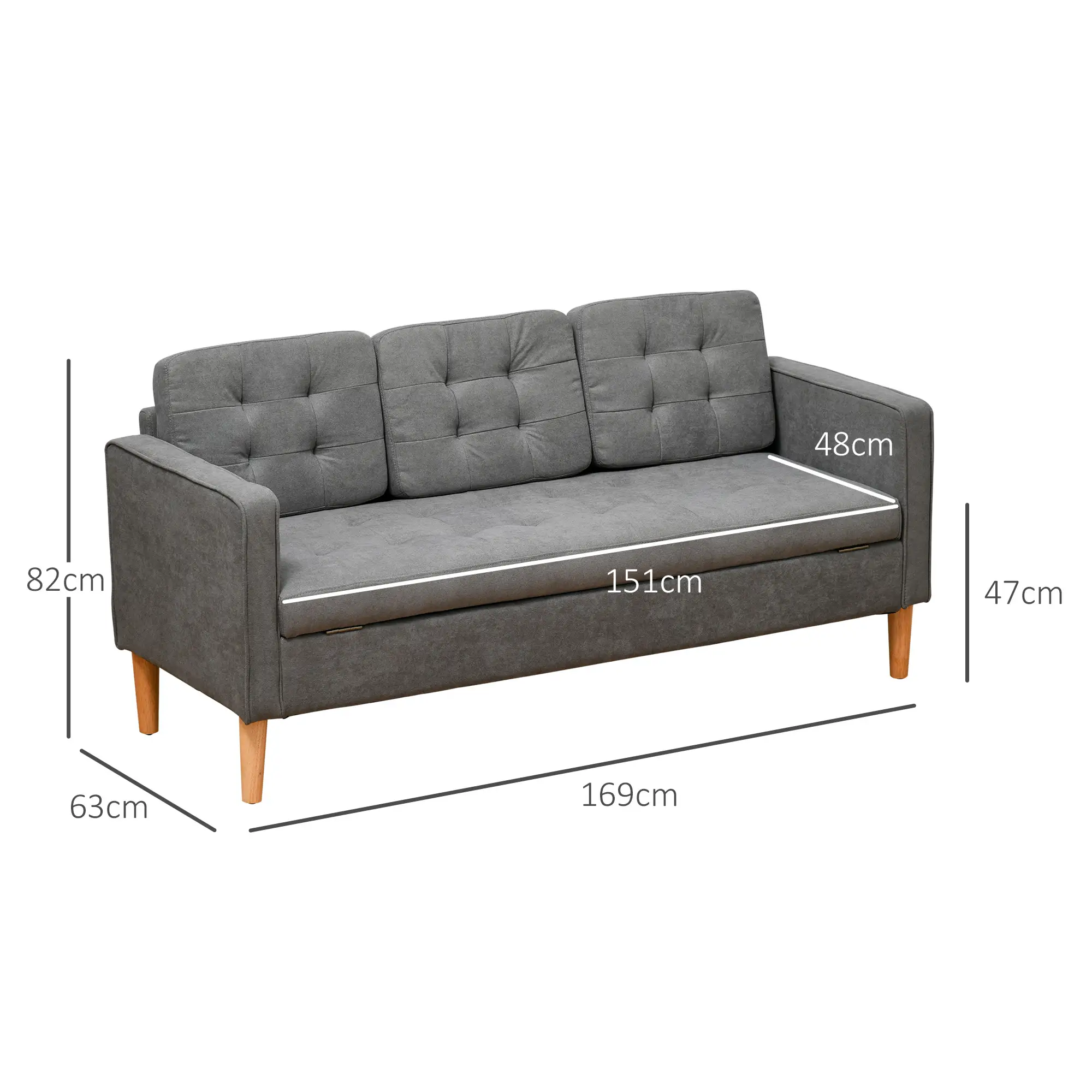 3 Seater Sofa 169 x 63 x 82cm - Grey - 3