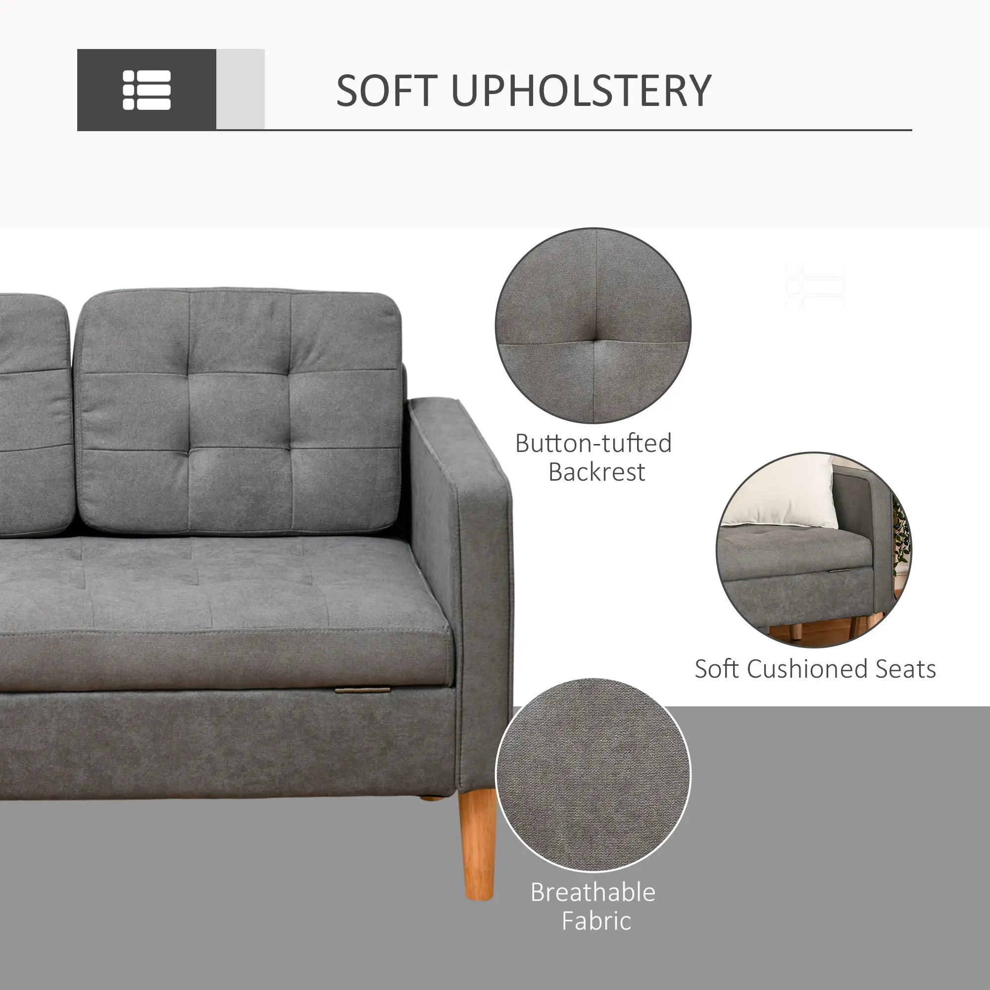 3 Seater Sofa 169 x 63 x 82cm - Grey - 6