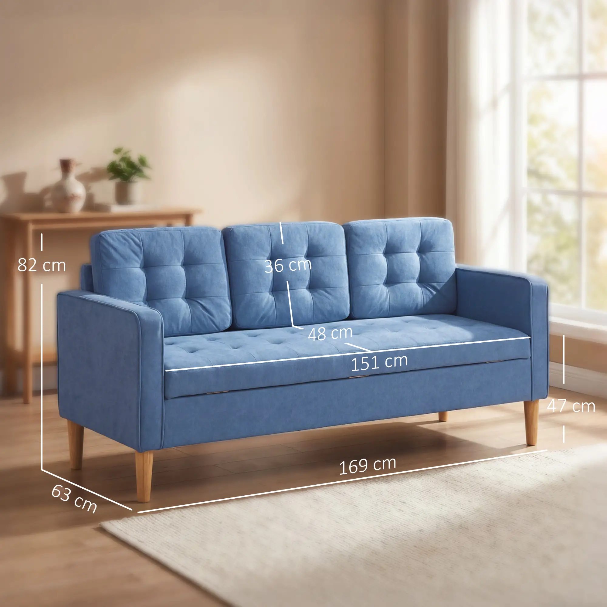 3 Seater Sofa 169 x 63 x 82cm - Blue - 3
