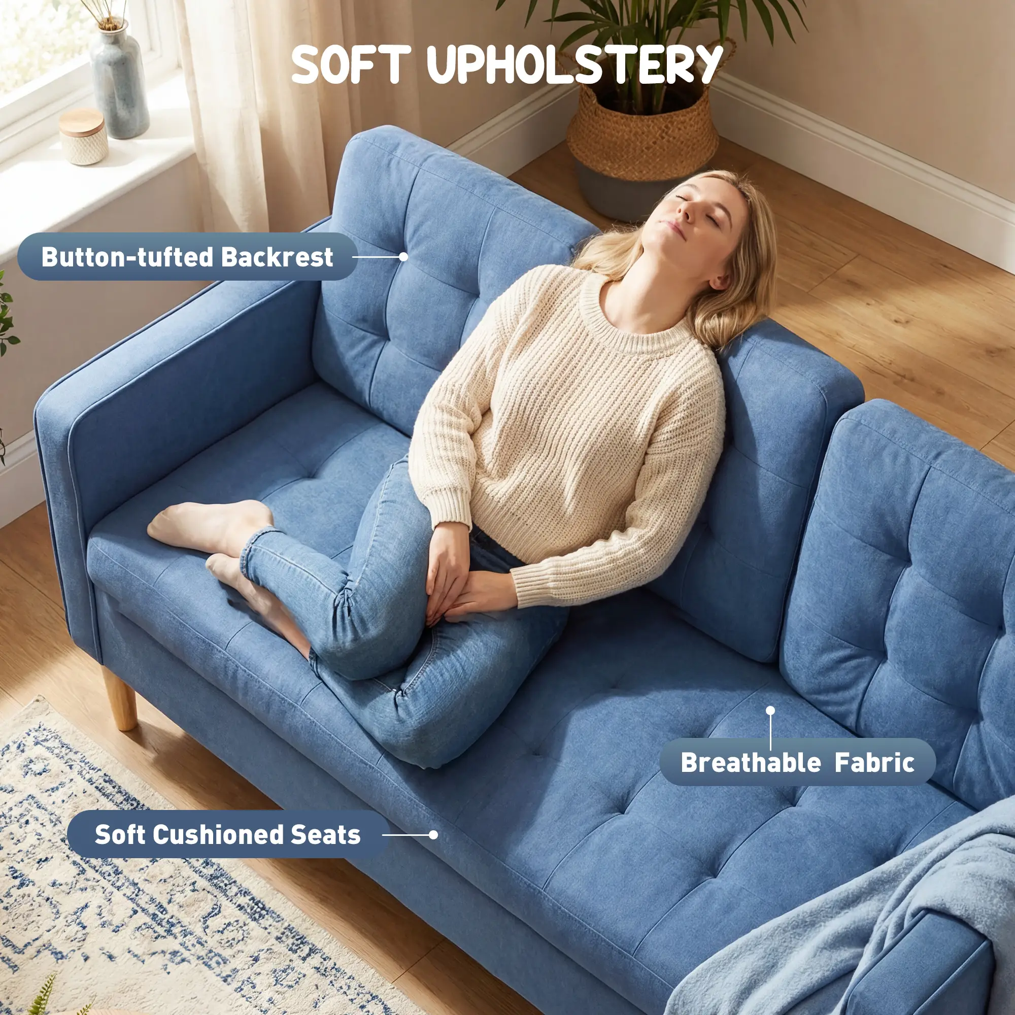 3 Seater Sofa 169 x 63 x 82cm - Blue - 4