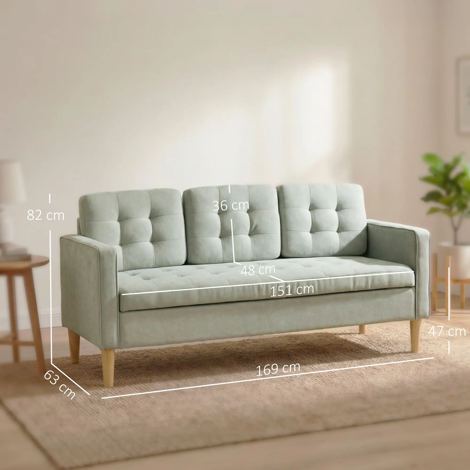 3 Seater Sofa 169 x 63 x 82cm - Light Grey - 3