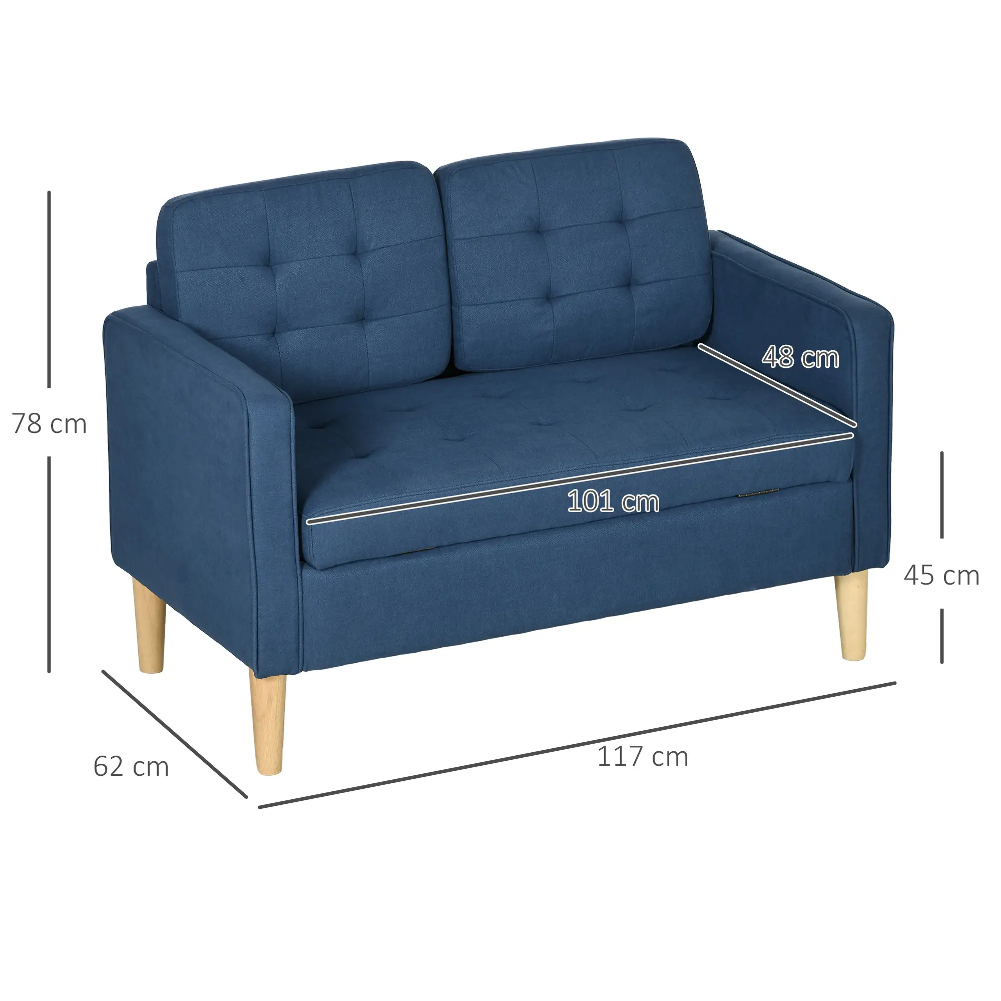 2 Seater Sofa 117 x 62 x 78cm - Blue - 3