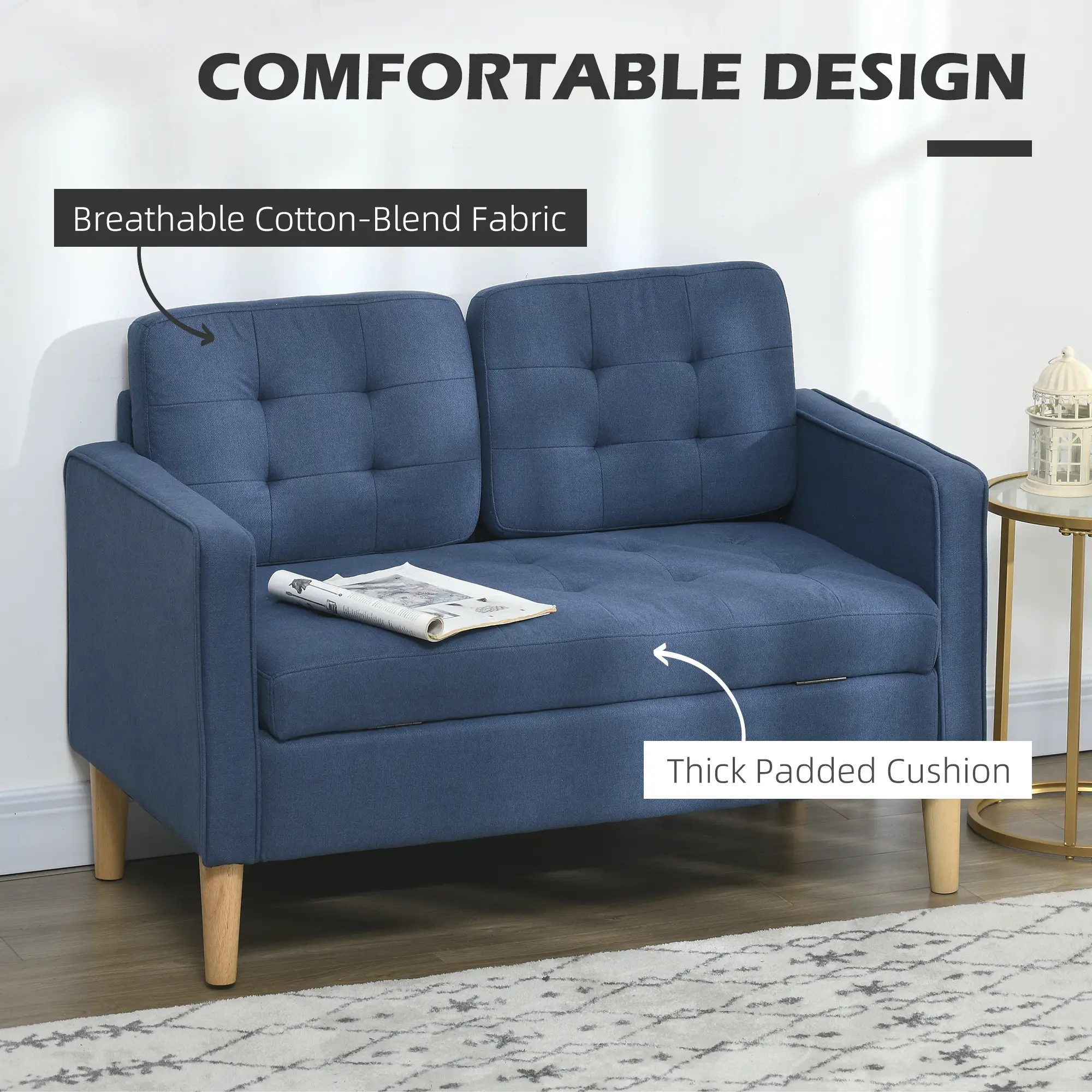 2 Seater Sofa 117 x 62 x 78cm - Blue - 6