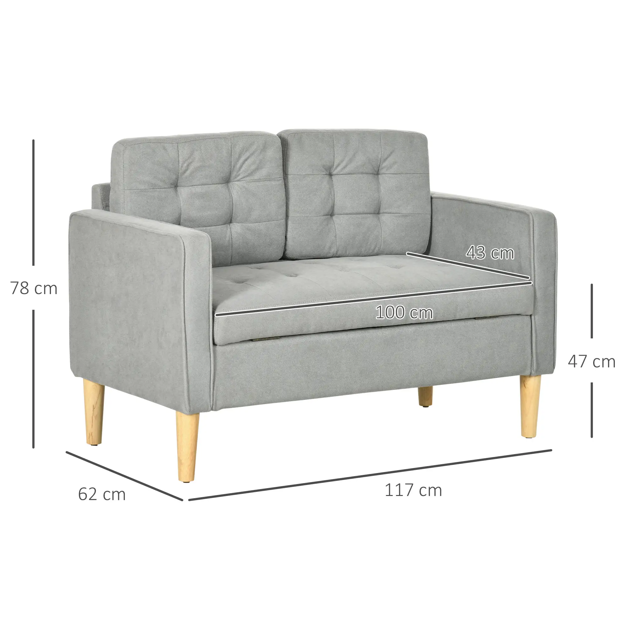 2 Seater Sofa 117 x 62 x 78cm - Light Grey - 3