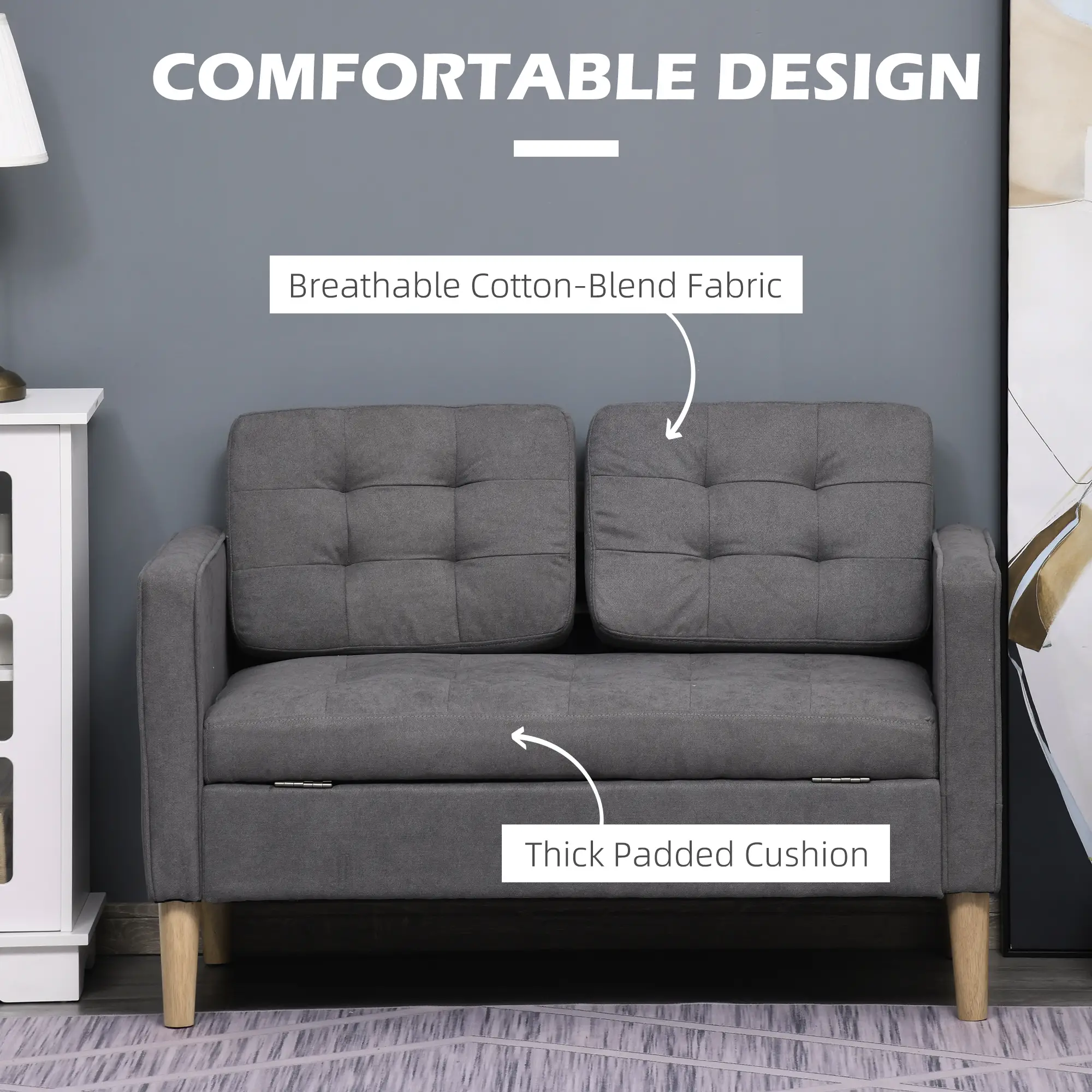 2 Seater Sofa 117 x 62 x 78cm - Grey - 5