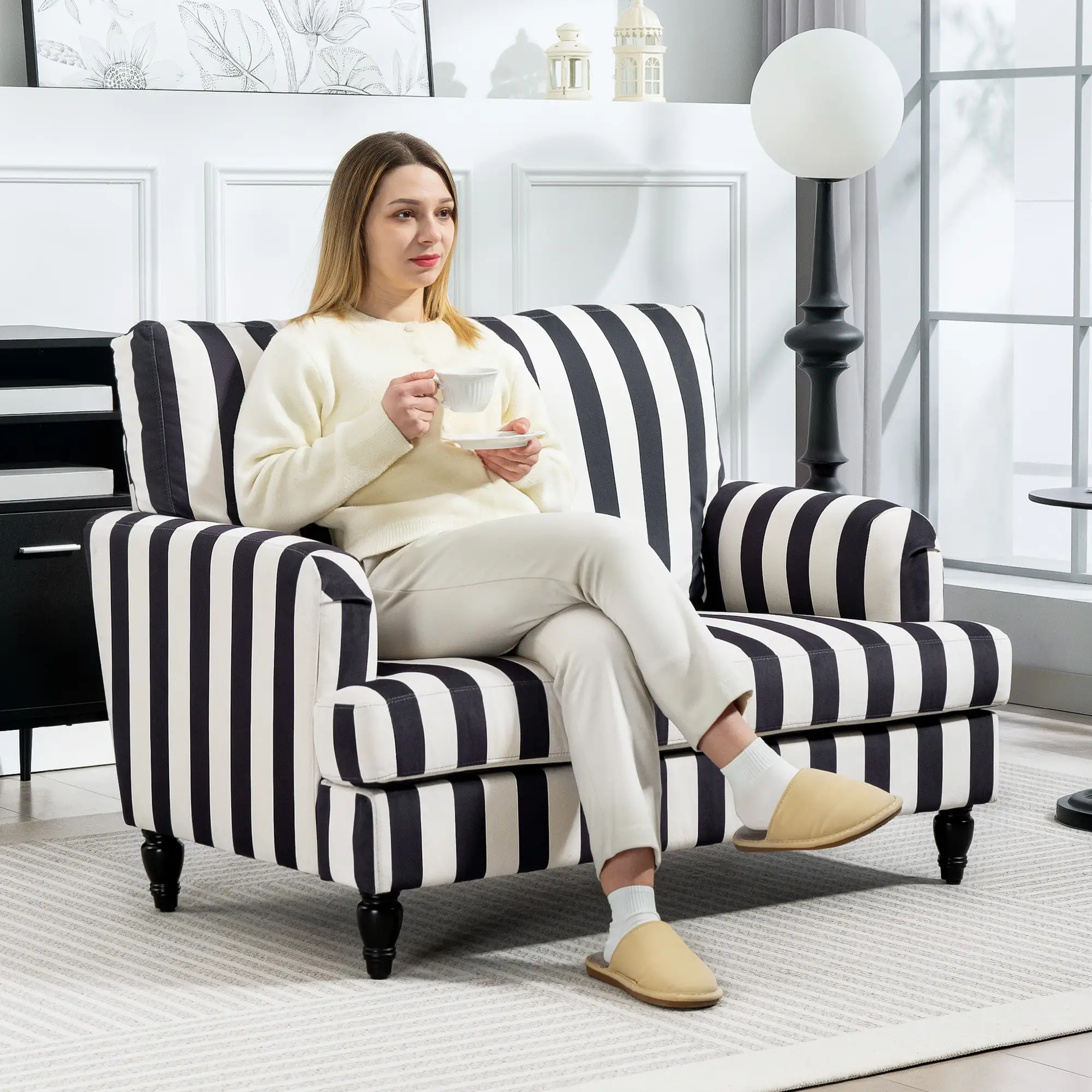 Velvet Sofa 115 x 82 x 82cm - Black And White - 2
