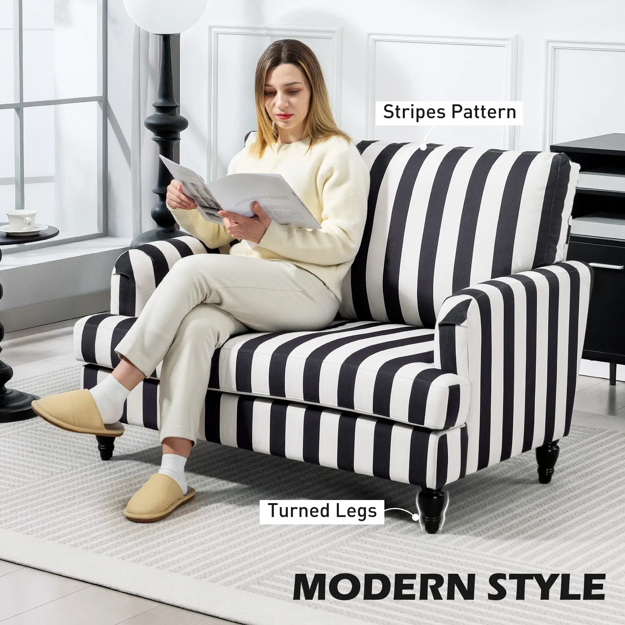Velvet Sofa 115 x 82 x 82cm - Black And White - 4