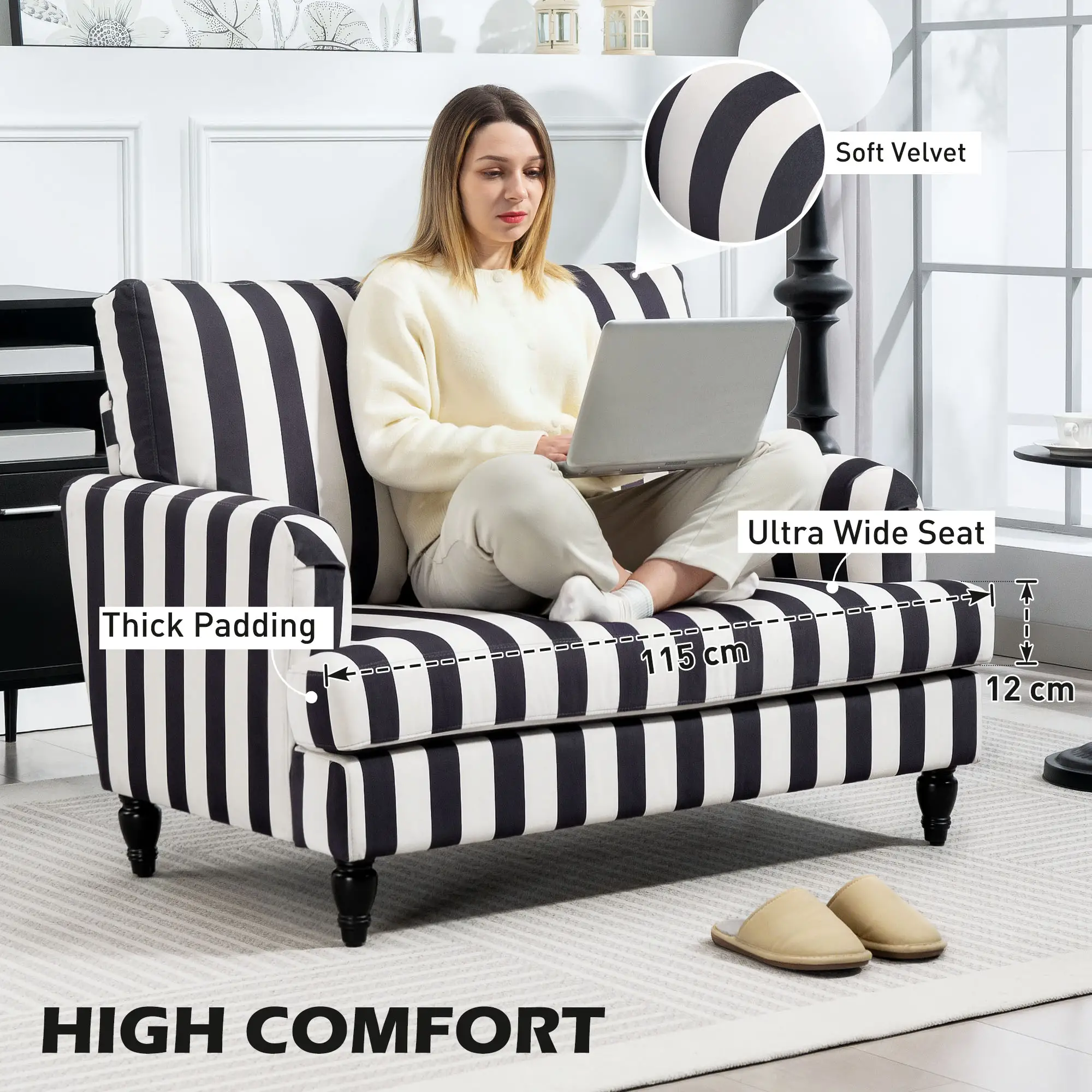 Velvet Sofa 115 x 82 x 82cm - Black And White - 5