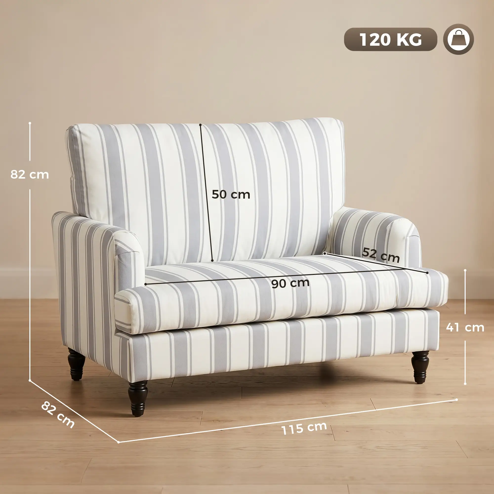 Velvet Sofa 115 x 82 x 82cm - Grey, Black - 3