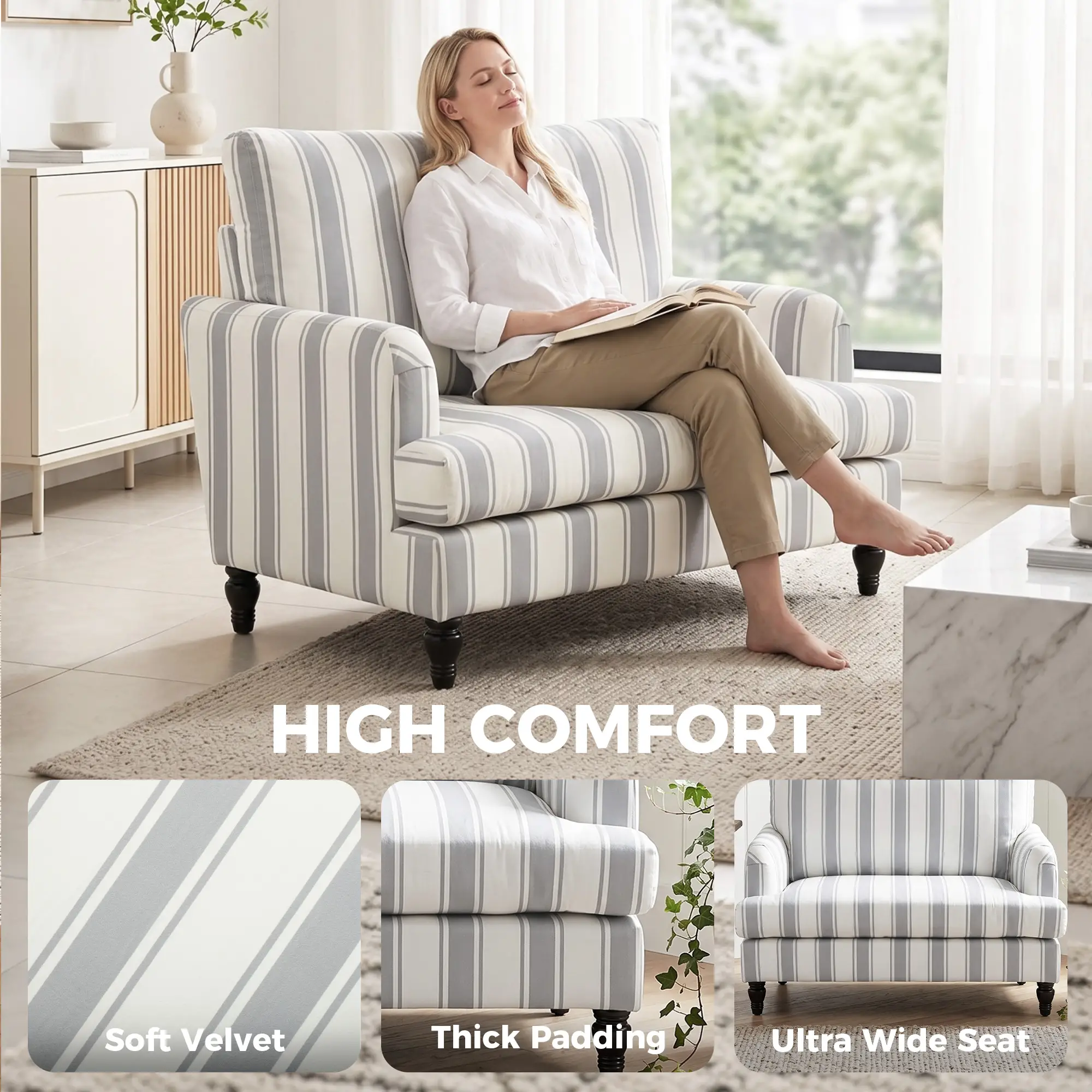 Velvet Sofa 115 x 82 x 82cm - Grey, Black - 5