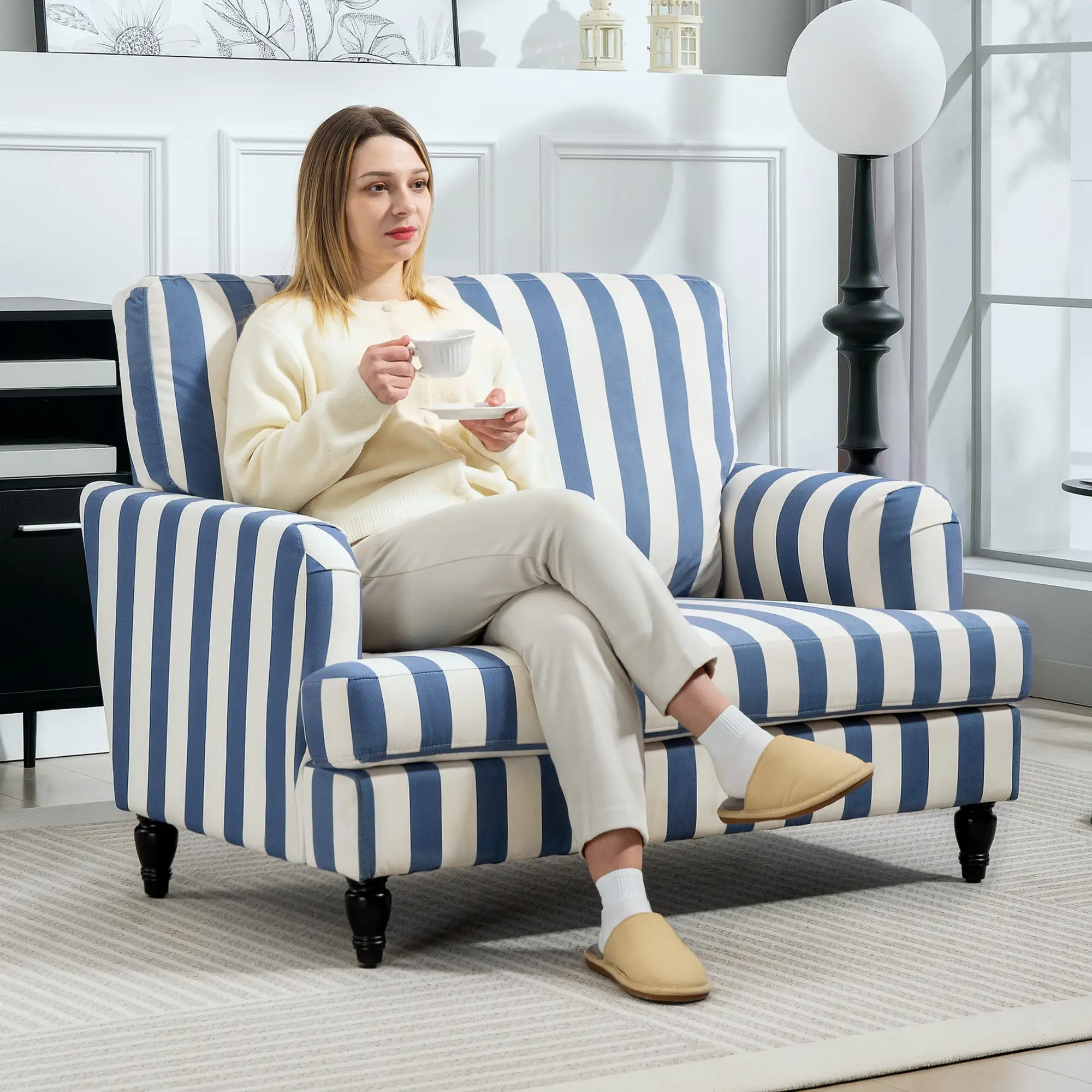Velvet Sofa 115 x 82 x 82cm - Blue And White - 2