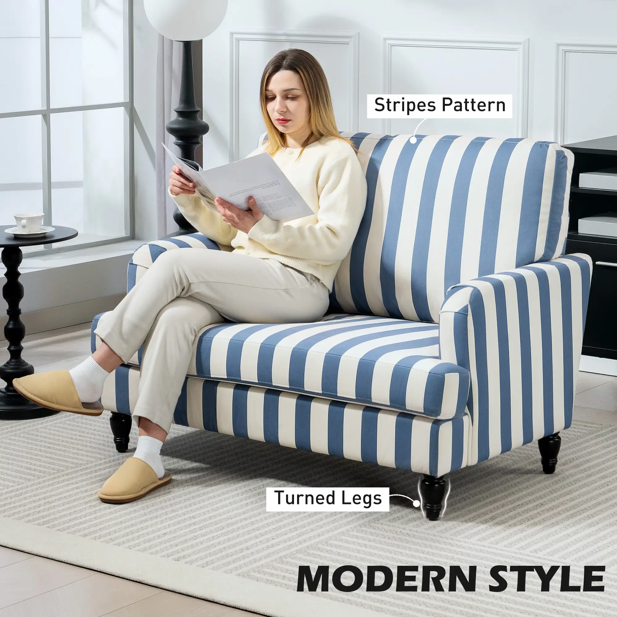 Velvet Sofa 115 x 82 x 82cm - Blue And White - 4