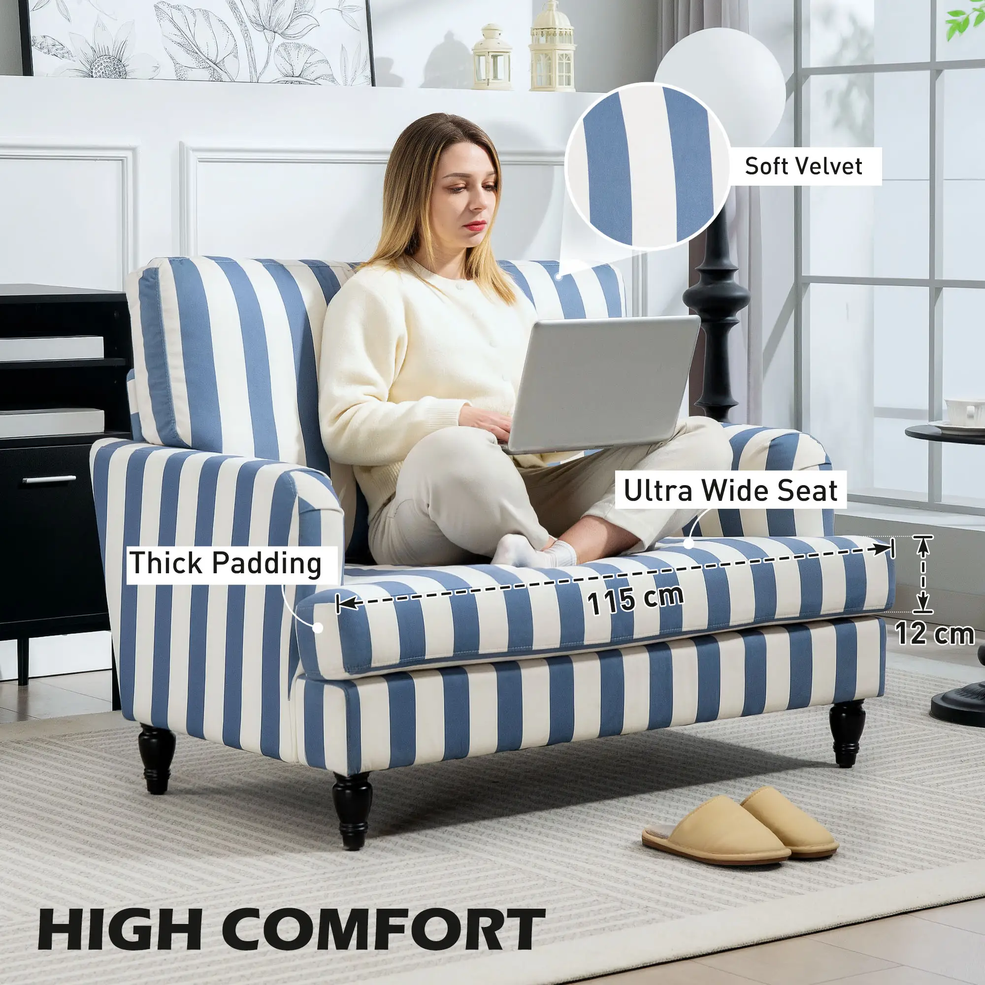 Velvet Sofa 115 x 82 x 82cm - Blue And White - 5