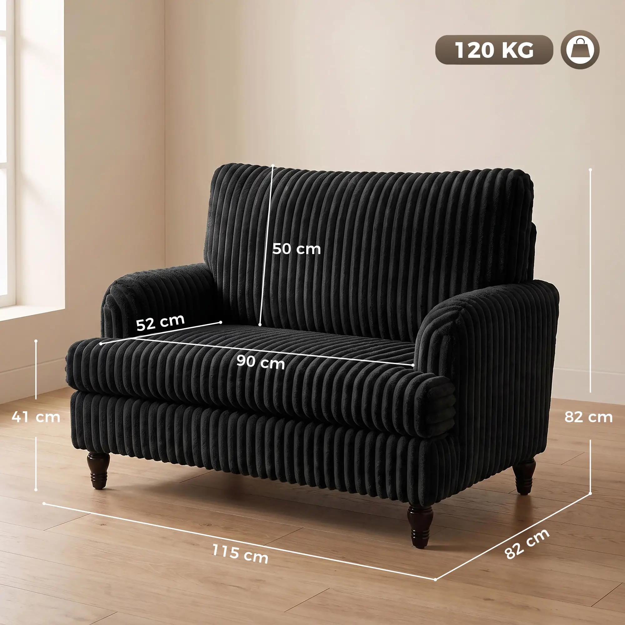 Corduroy Sofa 115 x 82 x 82cm - Black - 3