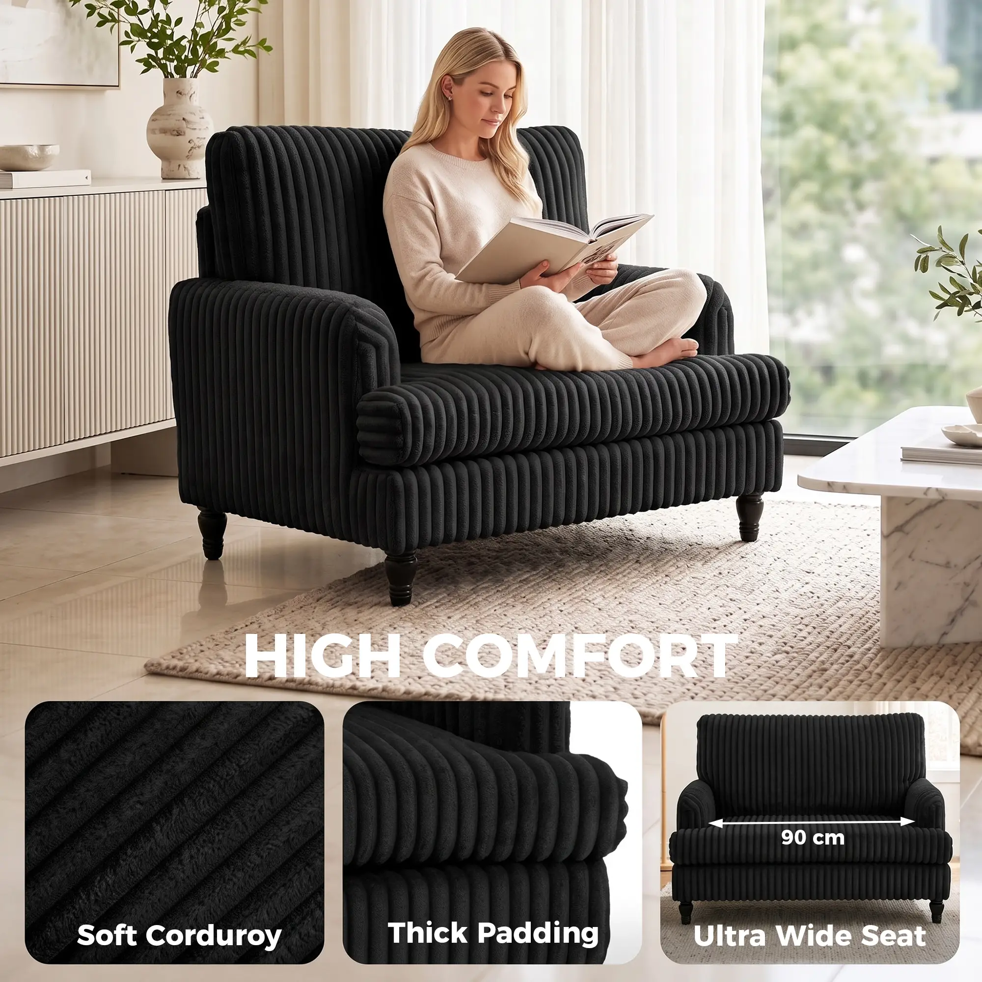 Corduroy Sofa 115 x 82 x 82cm - Black - 4
