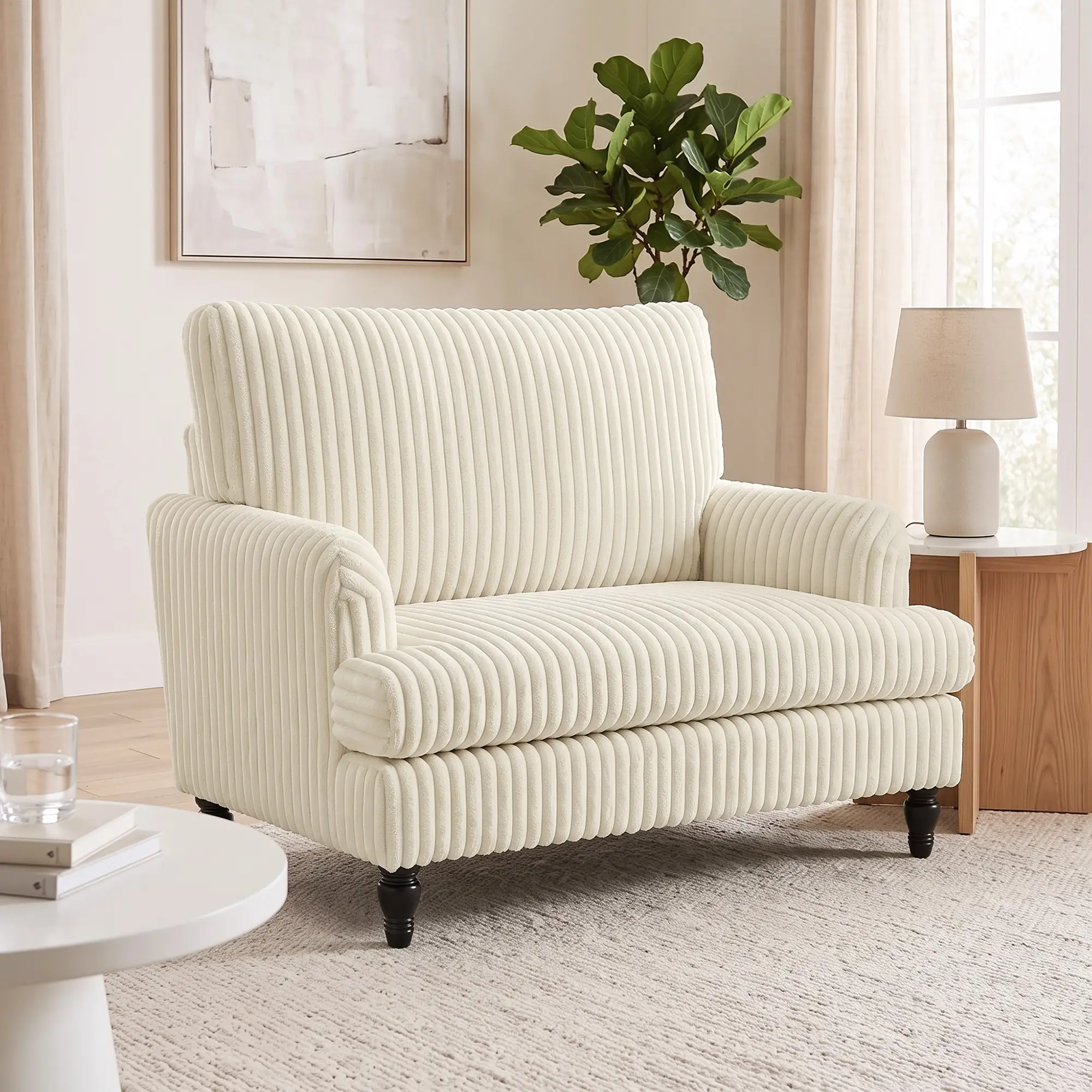 Corduroy Sofa 115 x 82 x 82cm - Cream, Black - 2
