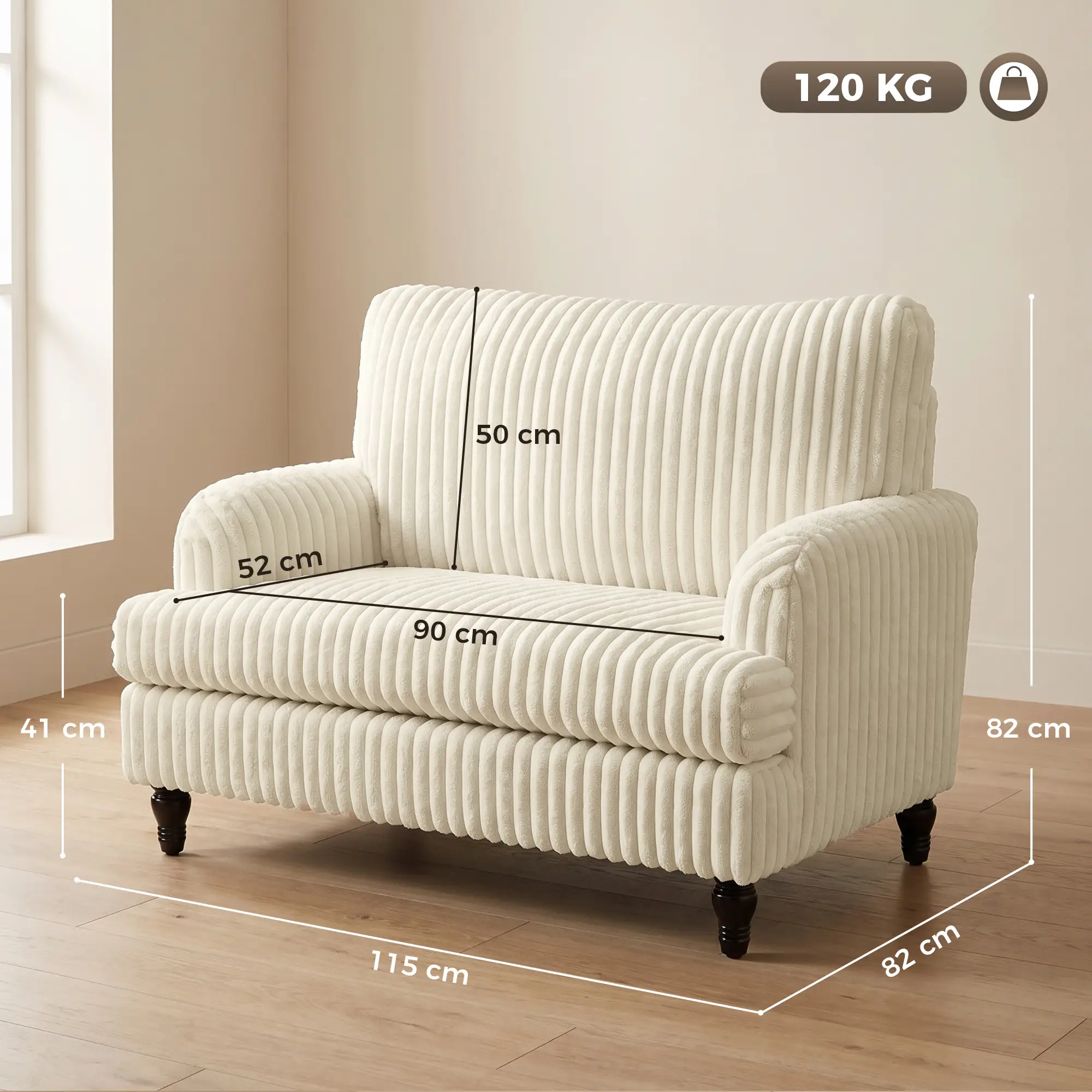 Corduroy Sofa 115 x 82 x 82cm - Cream, Black - 3