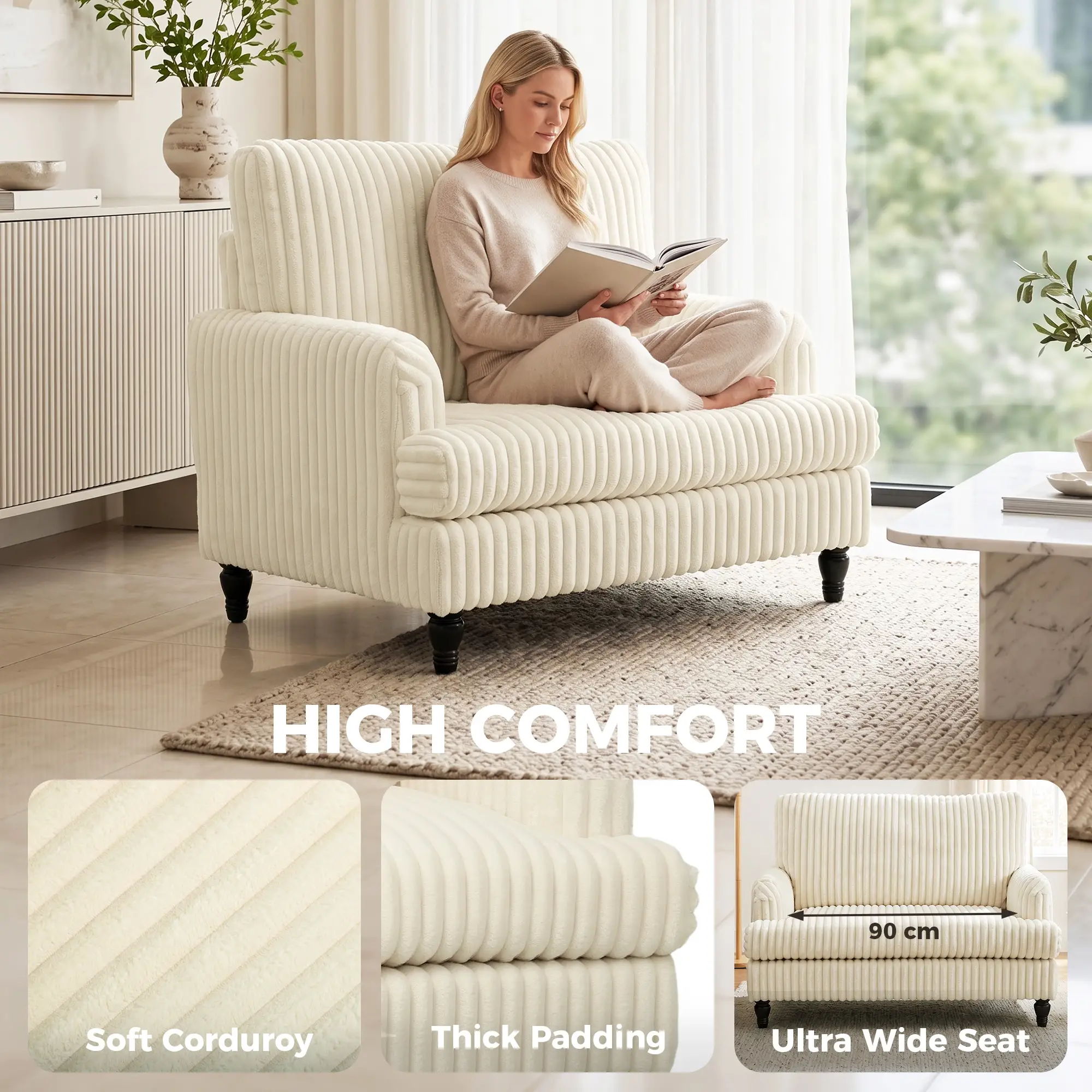 Corduroy Sofa 115 x 82 x 82cm - Cream, Black - 4