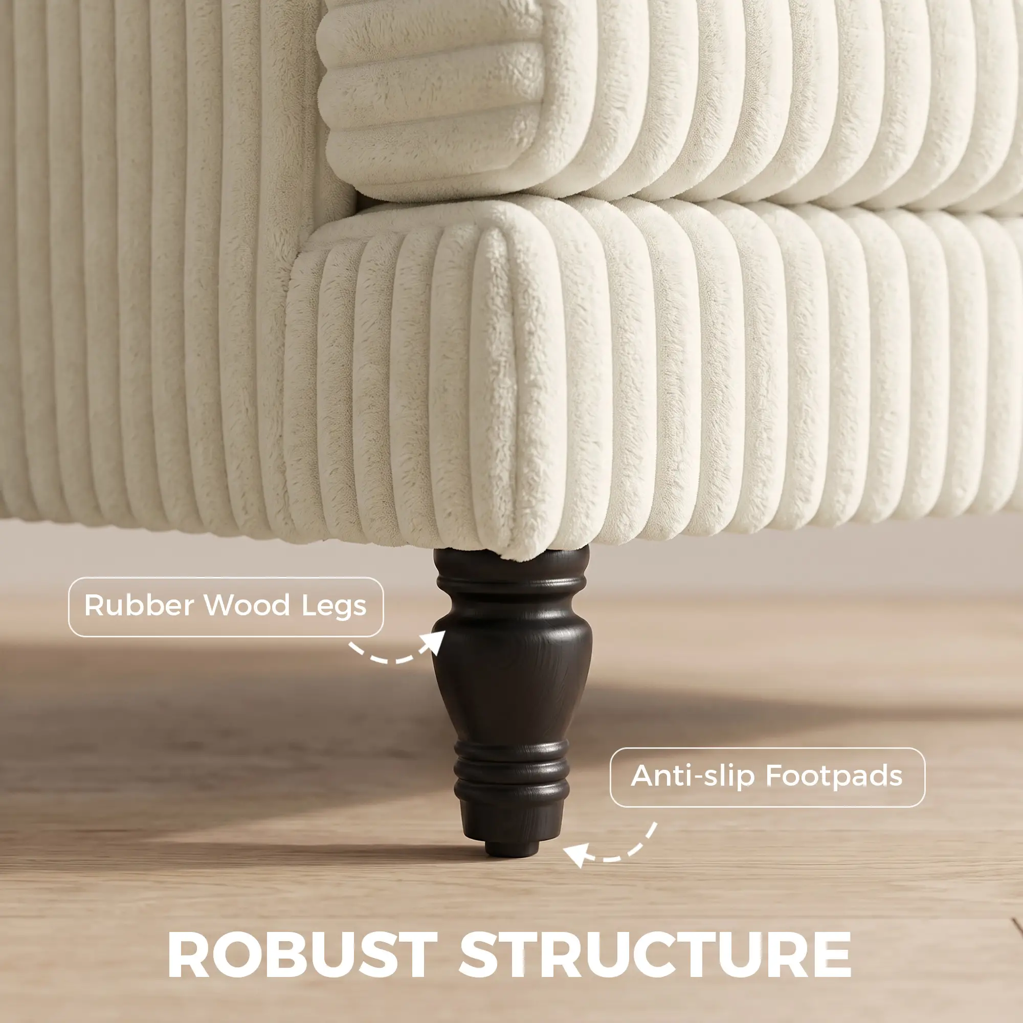 Corduroy Sofa 115 x 82 x 82cm - Cream, Black - 5