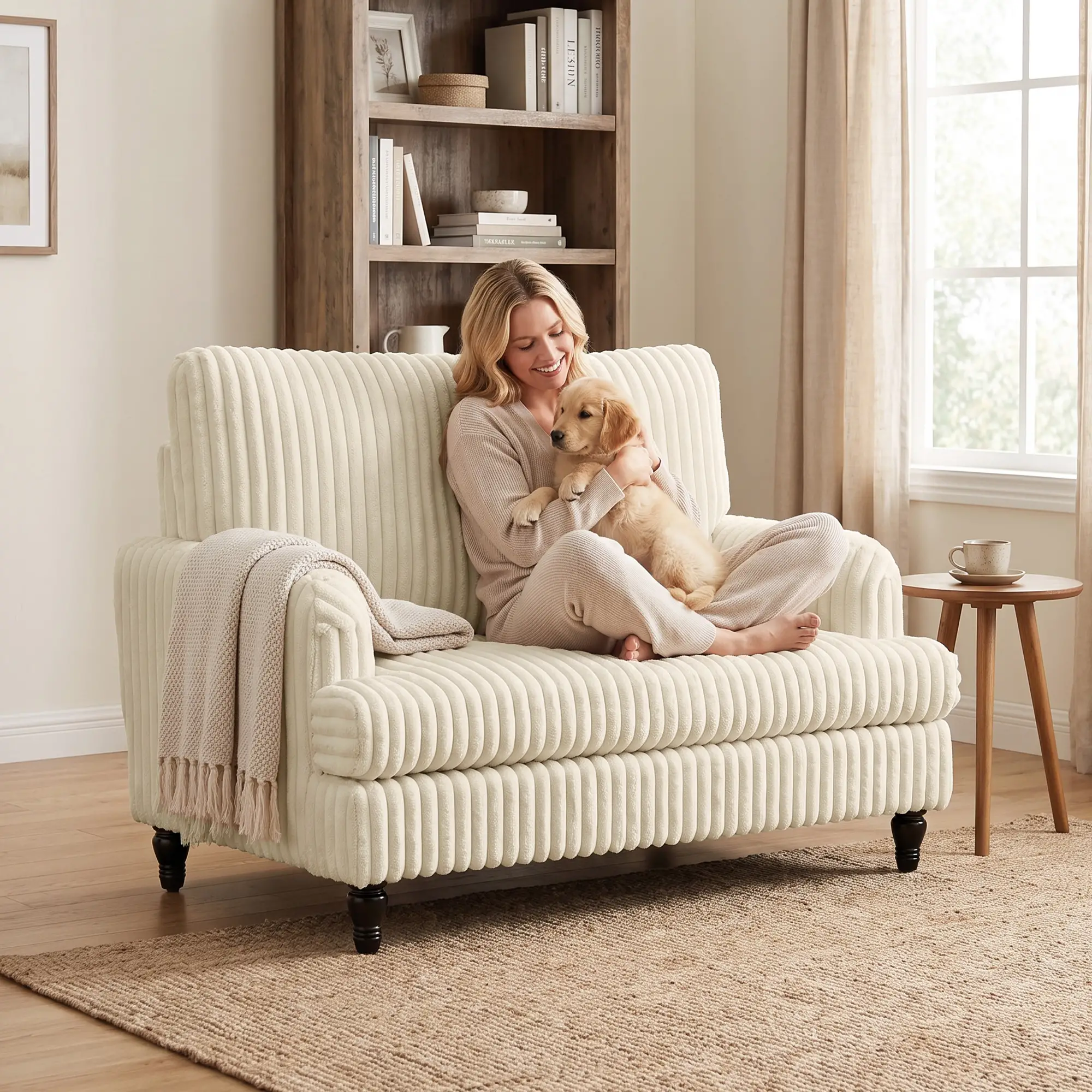 Corduroy Sofa 115 x 82 x 82cm - Cream, Black - 6