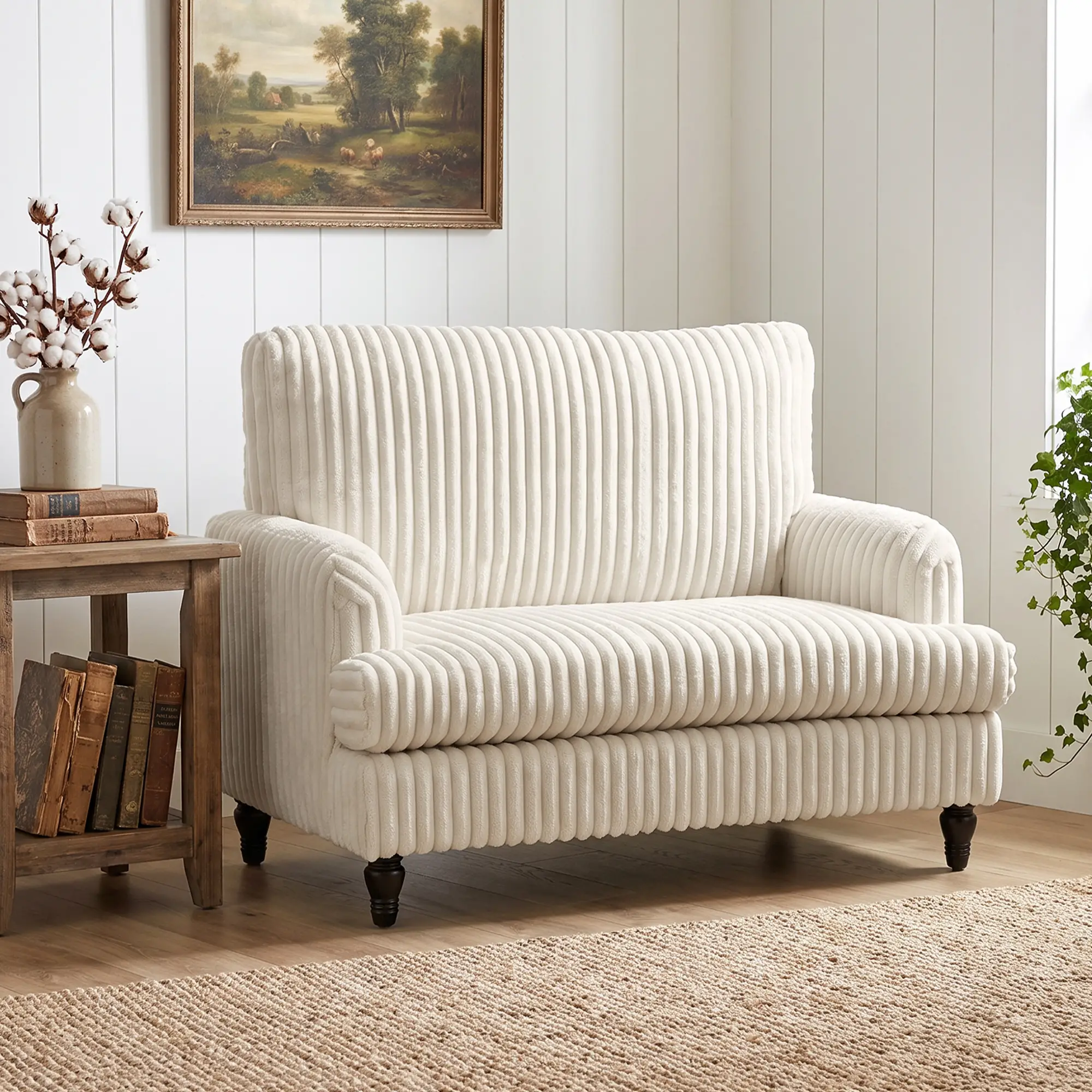 Corduroy Sofa 115 x 82 x 82cm - Cream, Black - 7