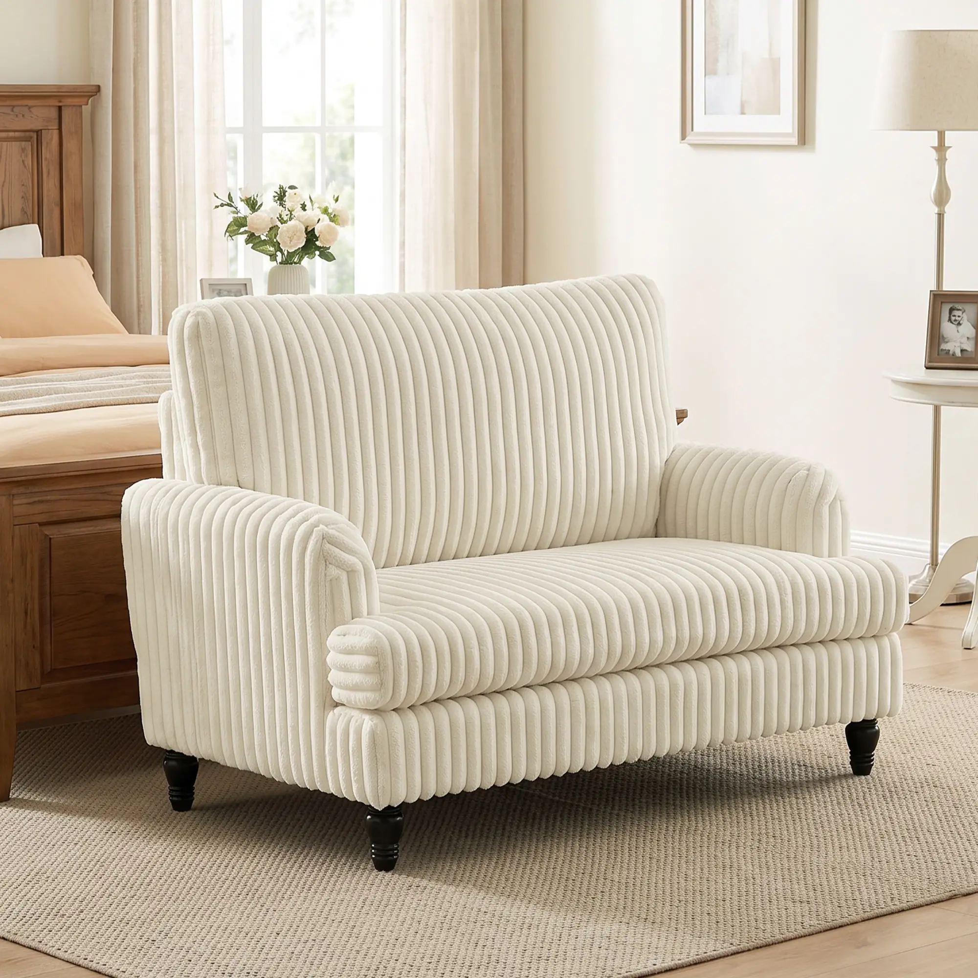 Corduroy Sofa 115 x 82 x 82cm - Cream, Black - 12