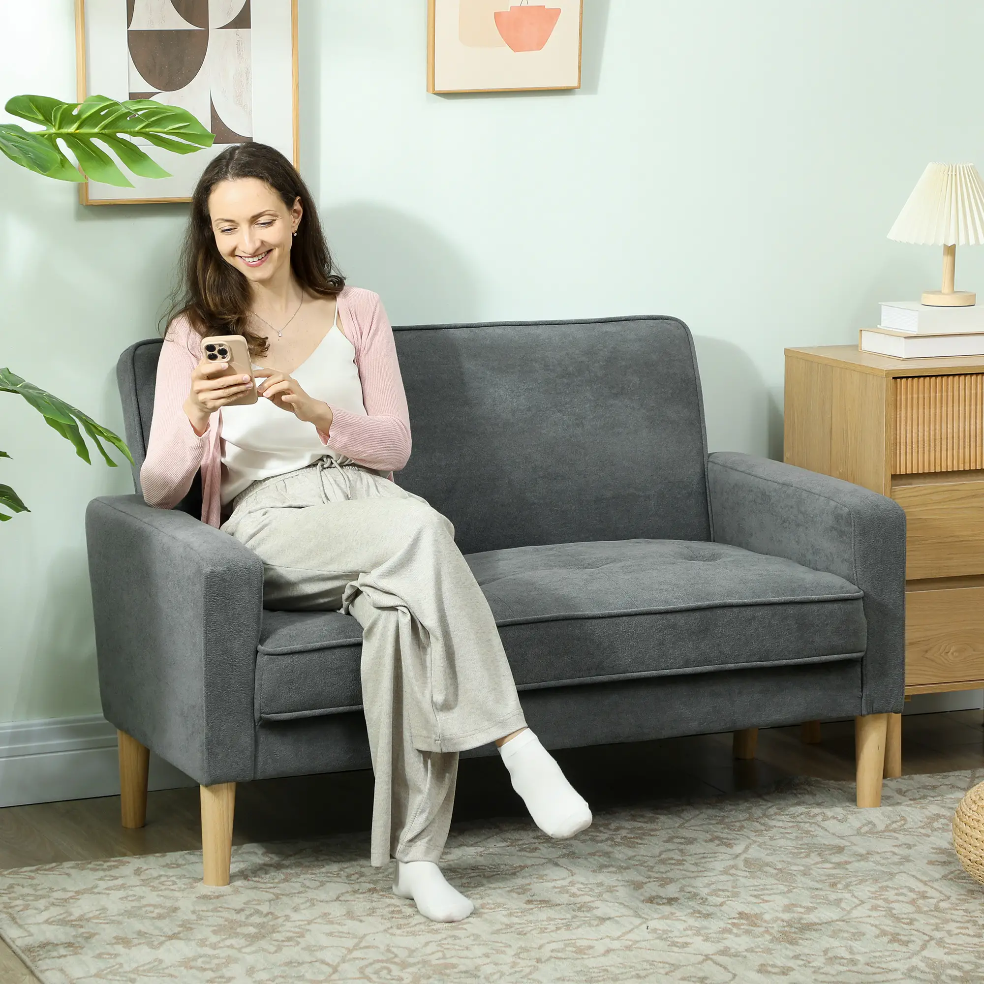 Velvet Sofa 130 x 74.5 x 82cm - Grey, Natural Wood - 2