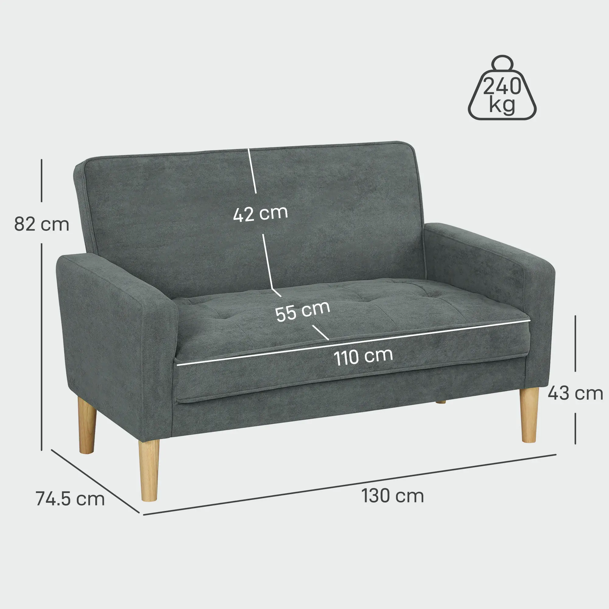 Velvet Sofa 130 x 74.5 x 82cm - Grey, Natural Wood - 3
